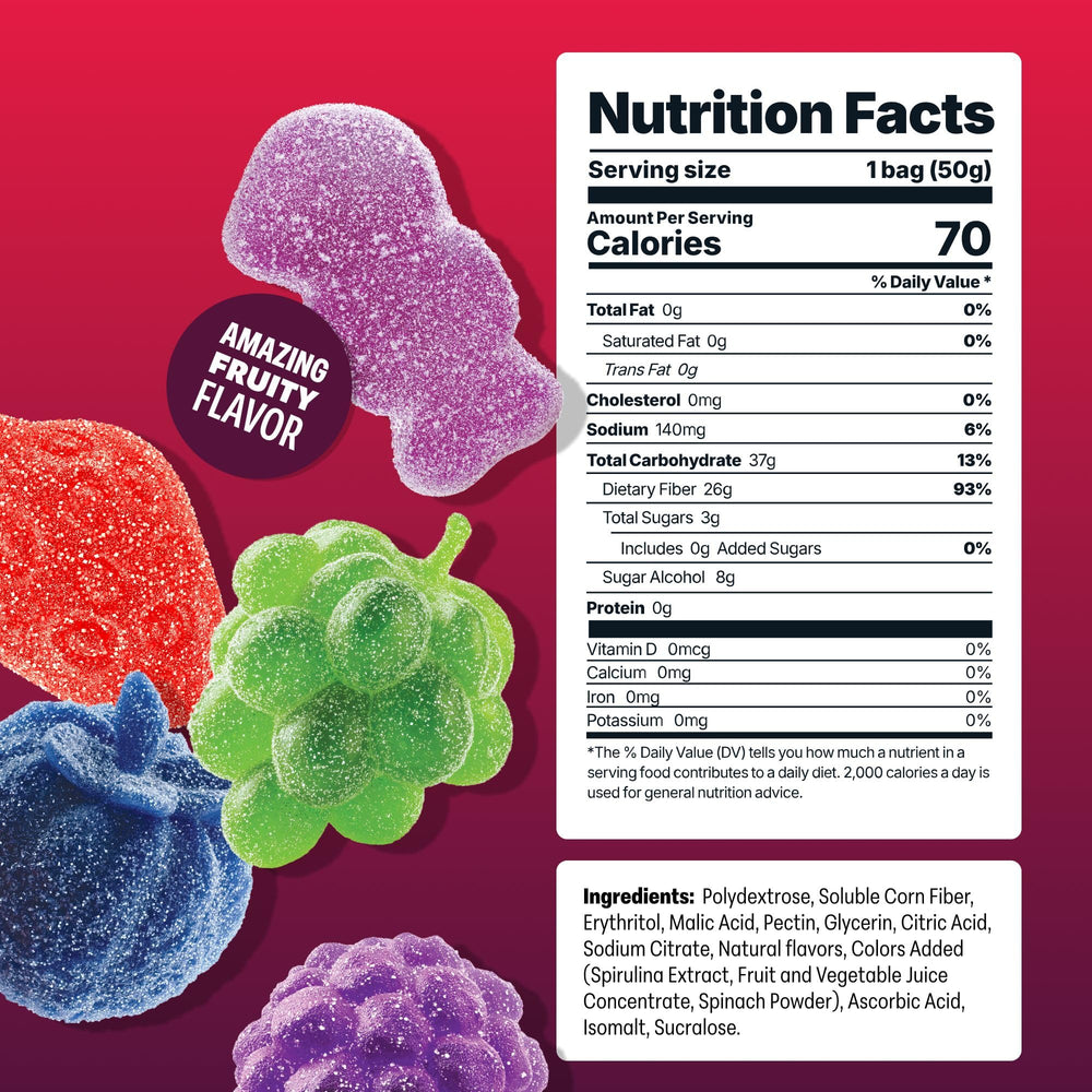Shameless open bag displaying mixed berry gummies and vibrant fruit colors for enjoyment