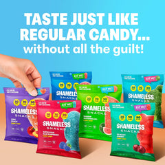 Shameless open pouch with gummies spilling emphasizing portion convenience