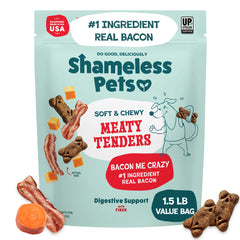 Shameless Pets front packaging showing bacon-forward treats and benefits