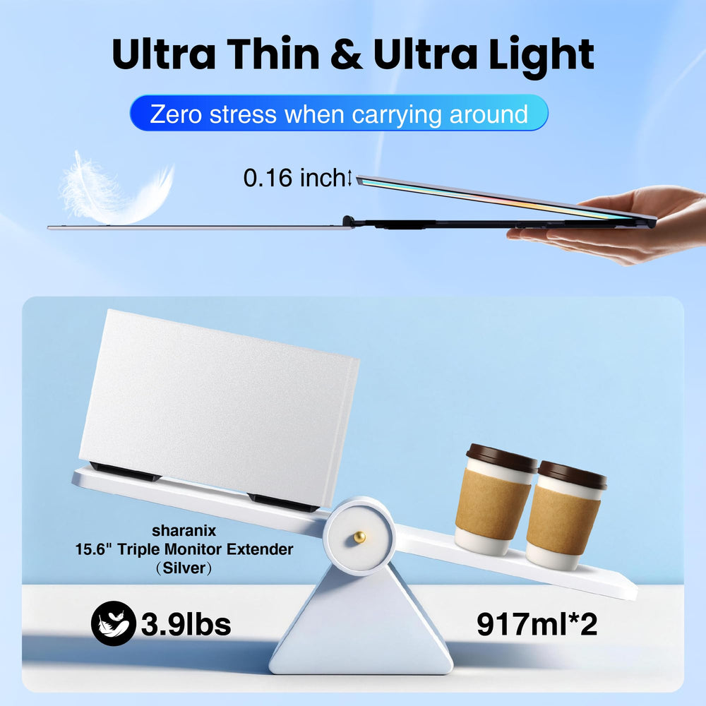 sharanix side profile highlighting ultra-thin 0.16" panels and portability benefit