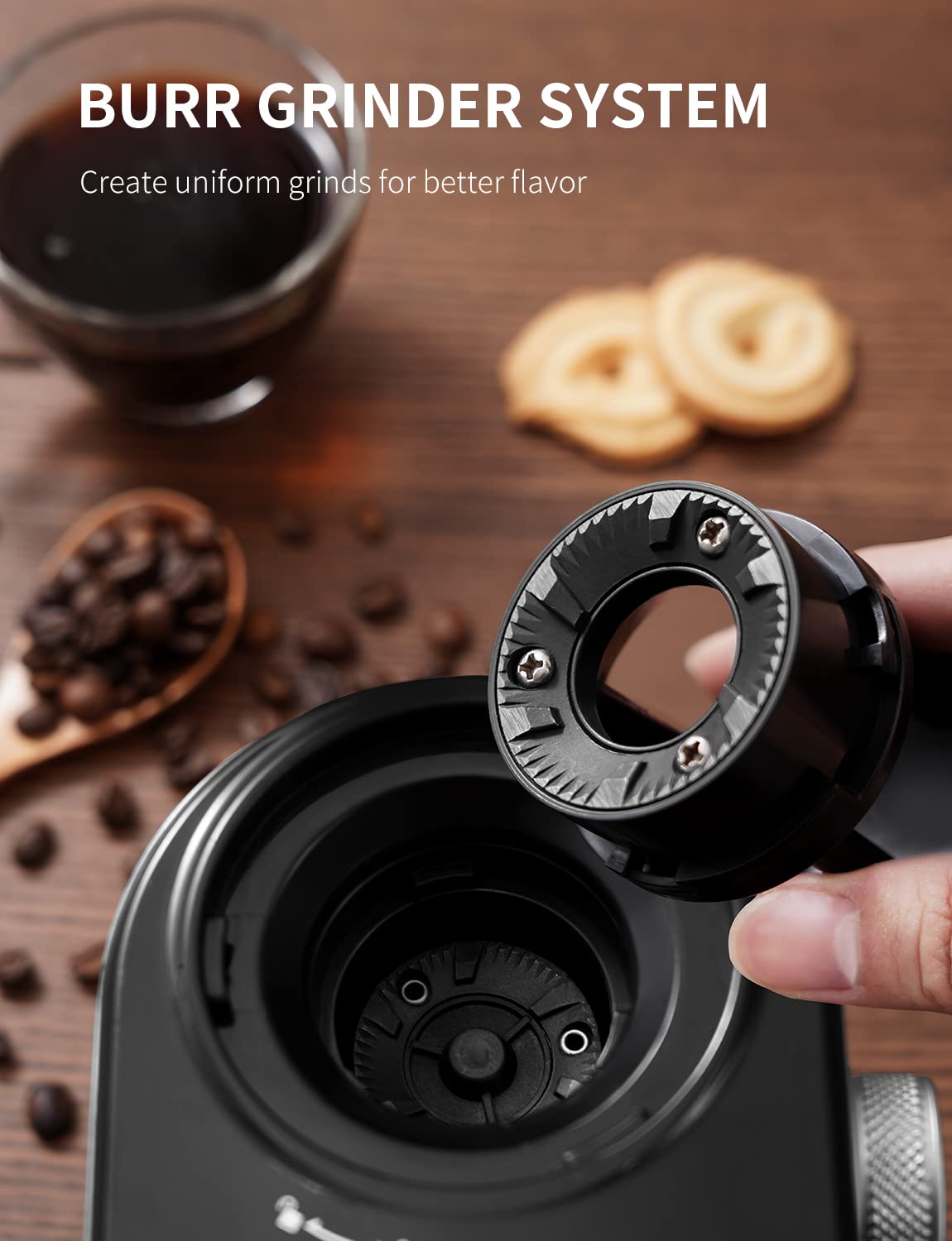 SHARDOR close-up of metallic flat burrs, uniform grind and low heat retention