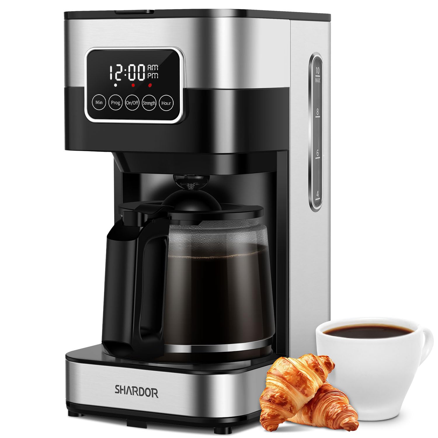 SHARDOR front view of 10-cup coffee maker showing sleek silver finish and carafe benefit quick identification