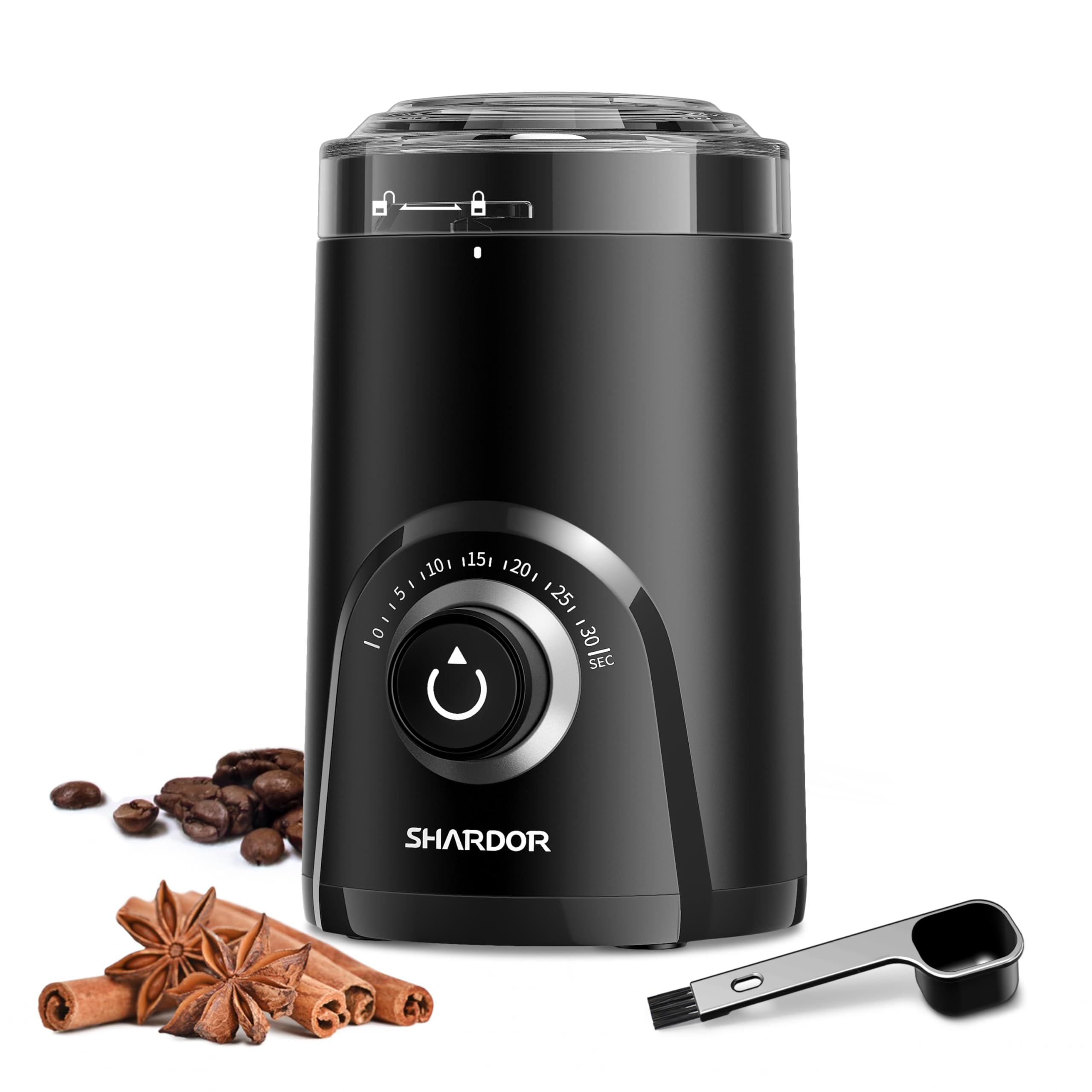 SHARDOR front view showing compact black grinder and clean silhouette, ideal for counters
