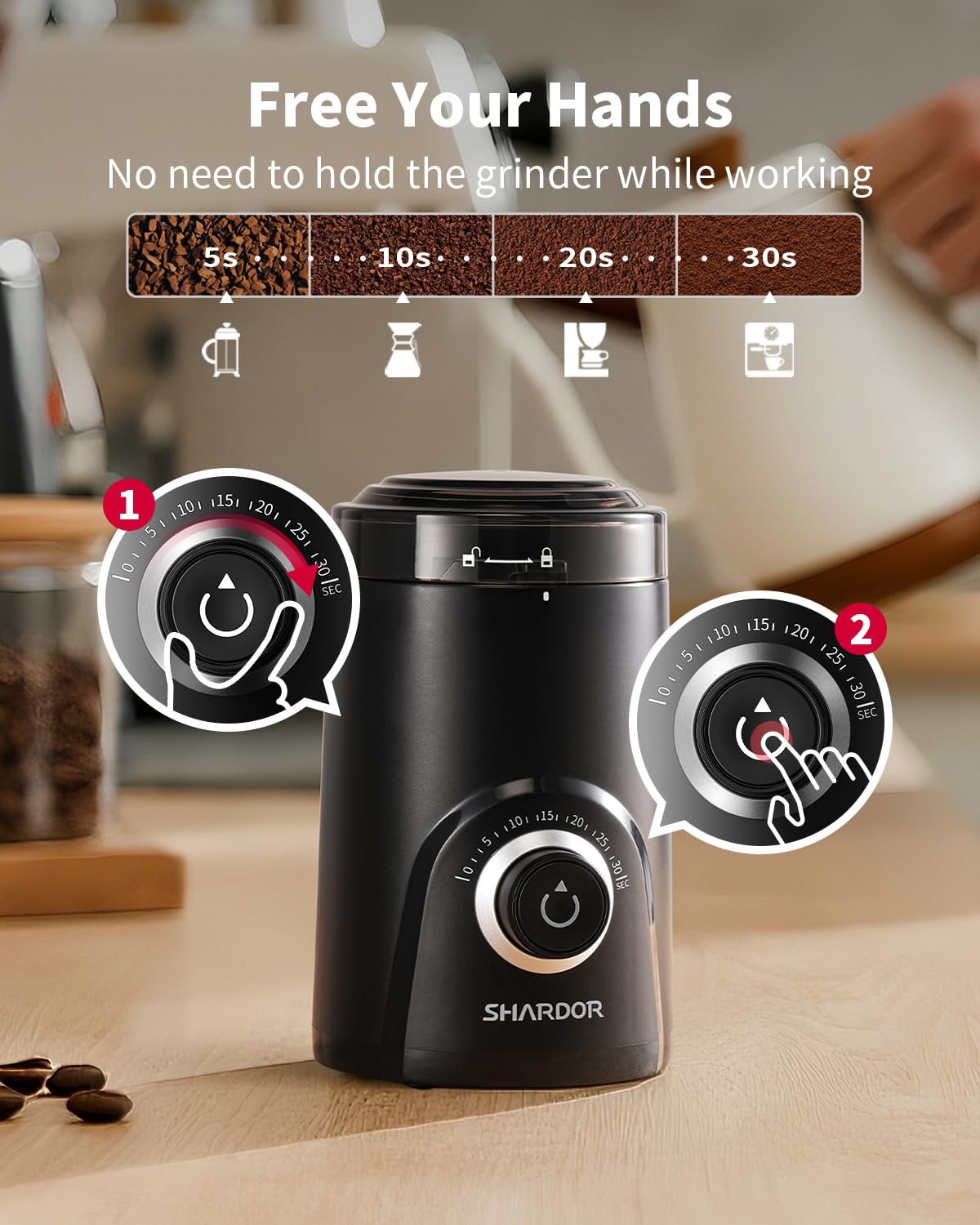 SHARDOR in use grinding coffee beans quickly with low-noise benefit