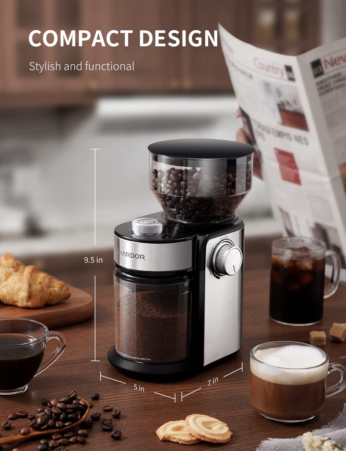 SHARDOR grinding into a carafe for pour-over, consistent grounds for better extraction