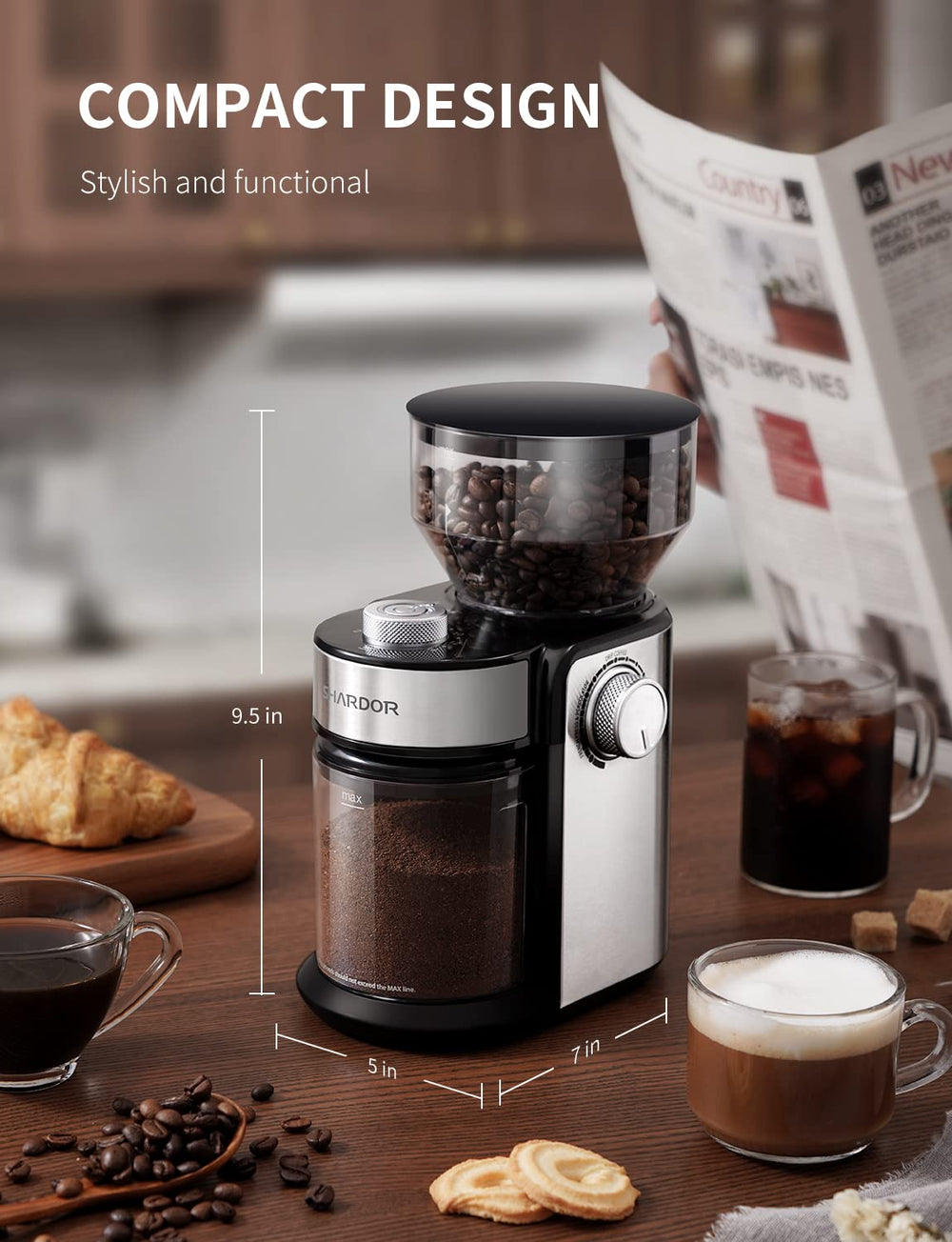 SHARDOR grinding into a carafe for pour-over, consistent grounds for better extraction