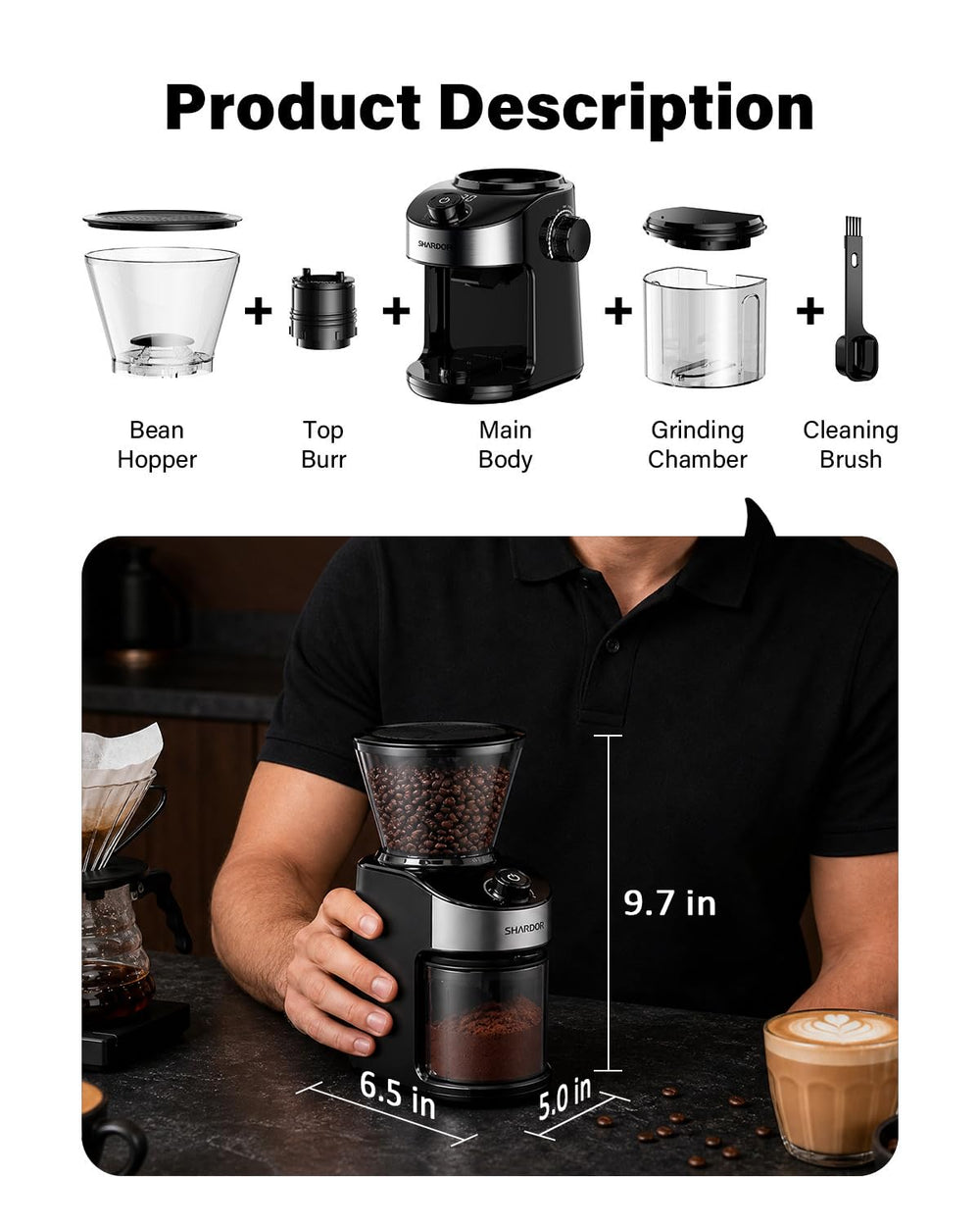 SHARDOR grinder in a kitchen setting showing versatile use for home brewing convenience