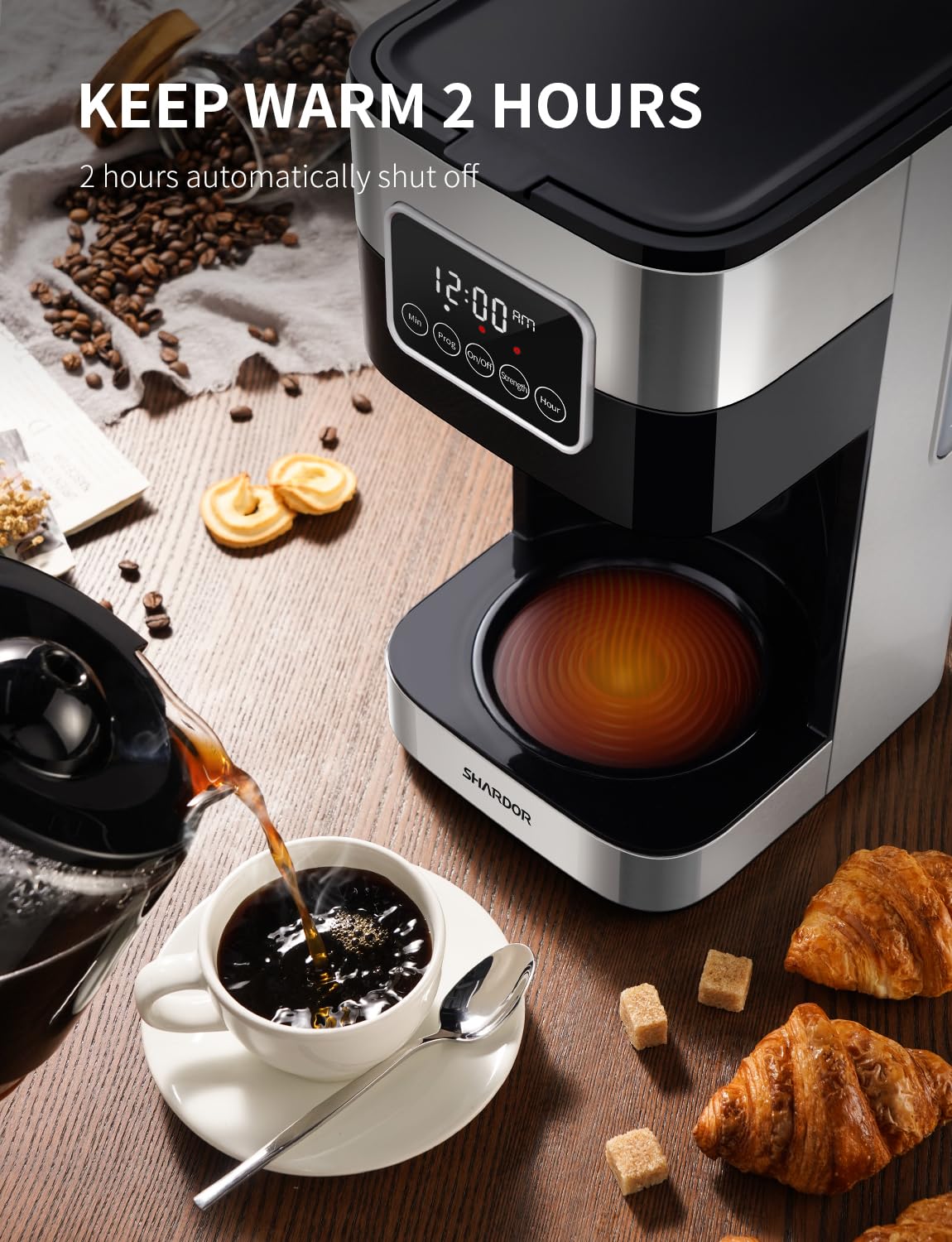 SHARDOR pause-and-serve pour mid-brew demonstration showing convenience of grabbing a cup benefit time-saving
