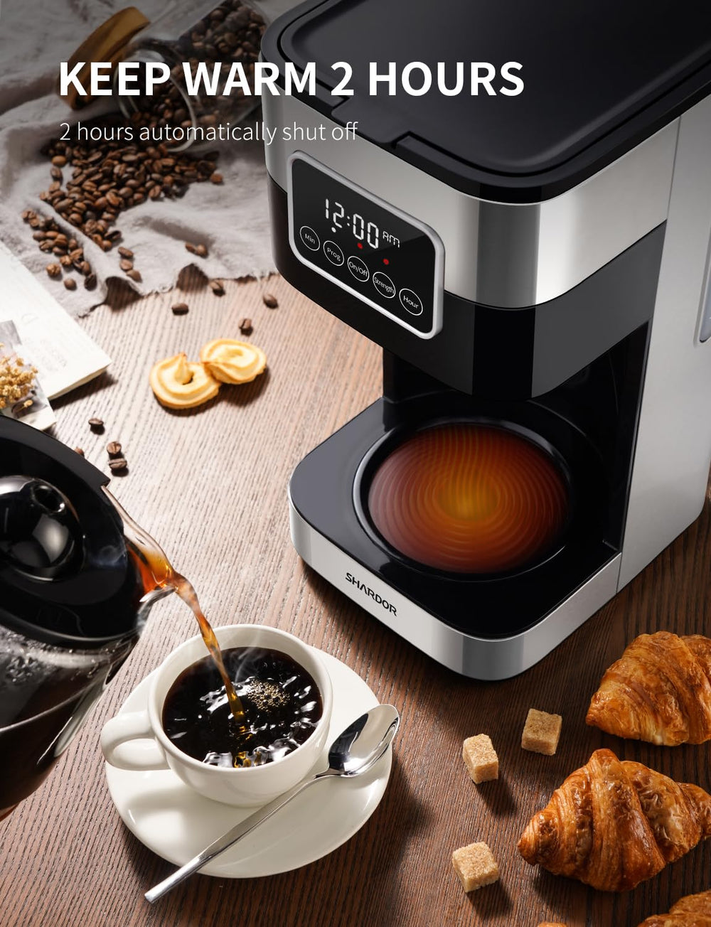 SHARDOR pause-and-serve pour mid-brew demonstration showing convenience of grabbing a cup benefit time-saving