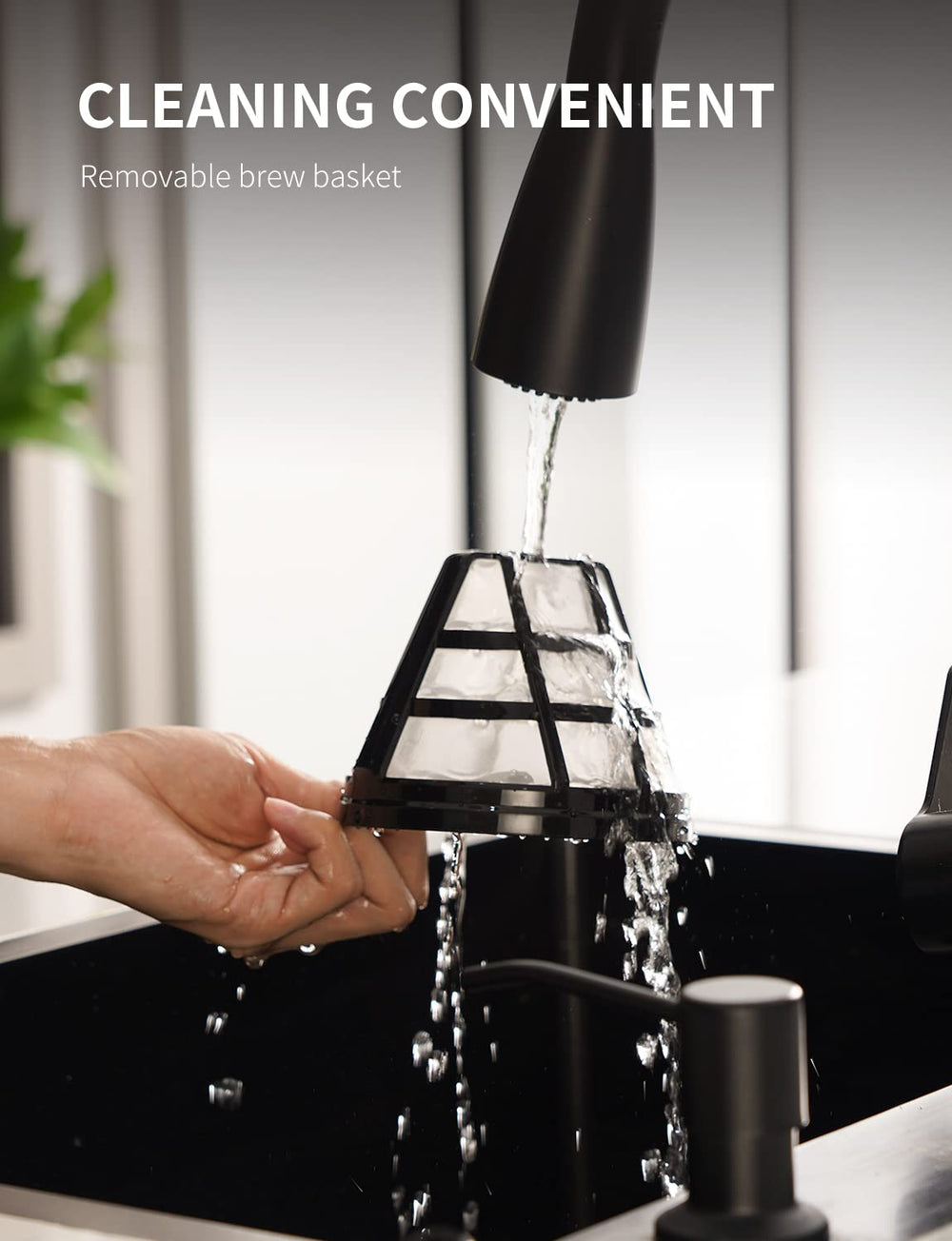 SHARDOR size comparison next to mug shows 10-cup capacity and space-saving footprint benefit