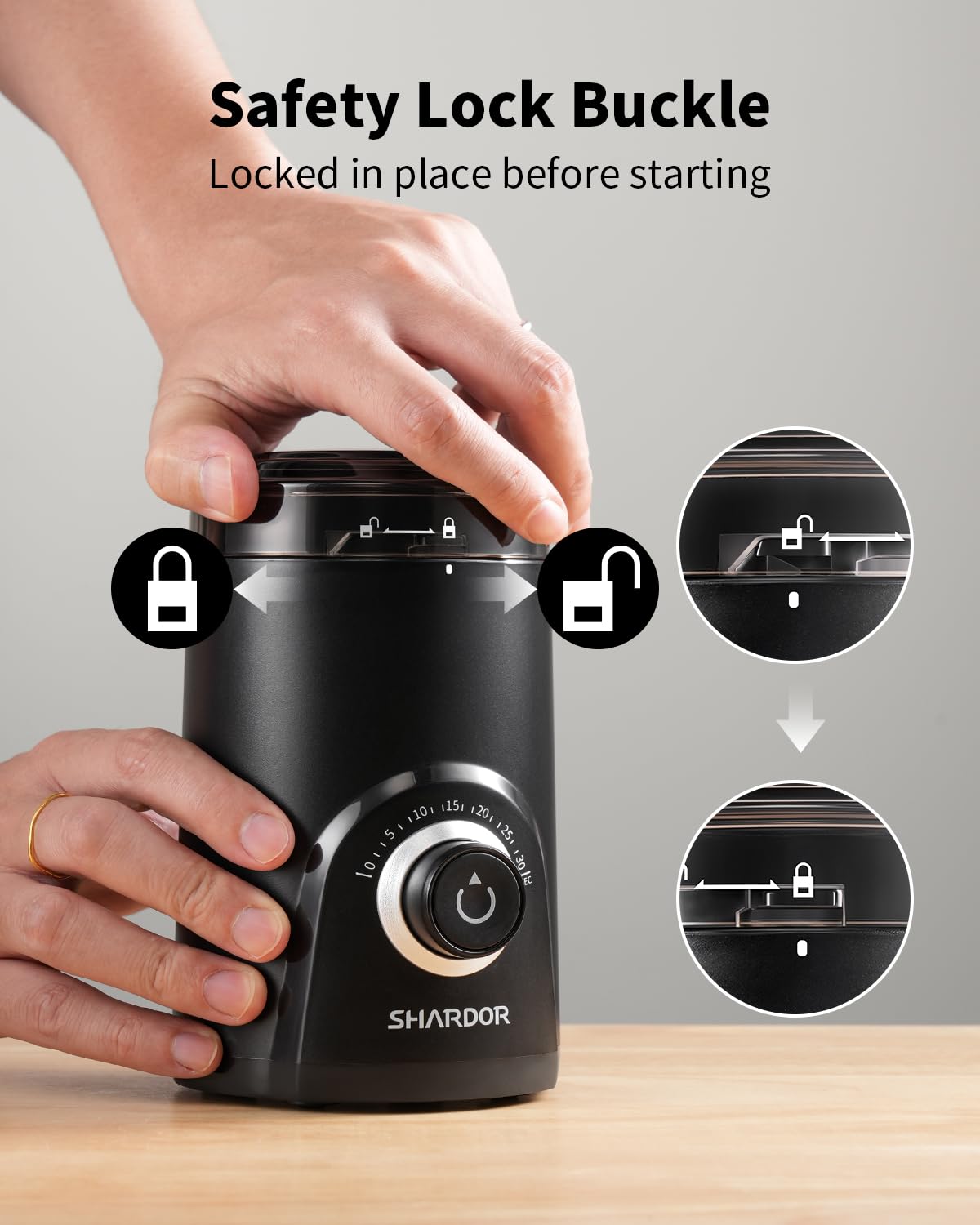 SHARDOR closeup of visual timing knob with second marks for precise grind control