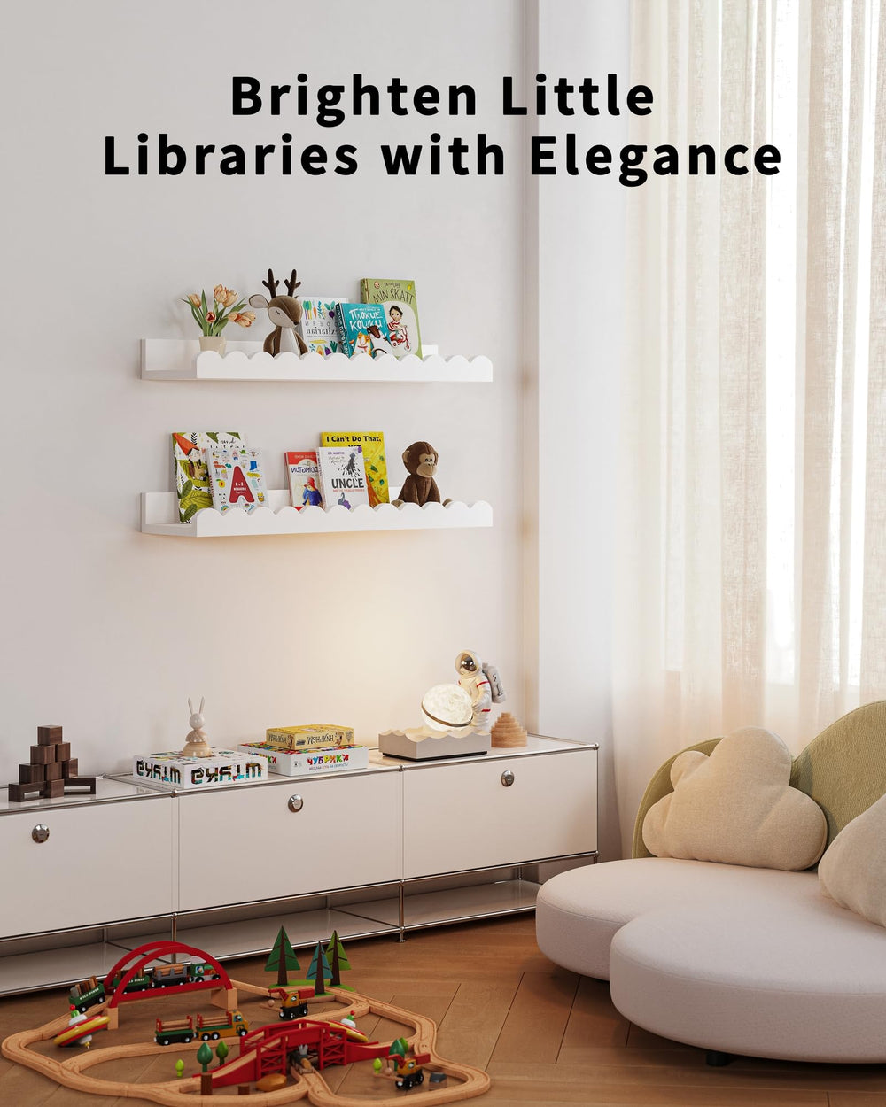 Shario shelves holding colorful children's books for easy access and display