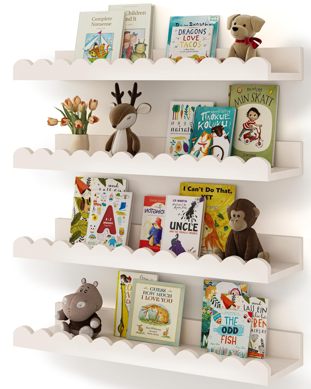Shario front view of four white floating shelves showing clean nursery storage benefit