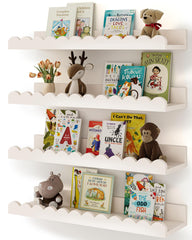 Shario front view of four white floating shelves showing clean nursery storage benefit