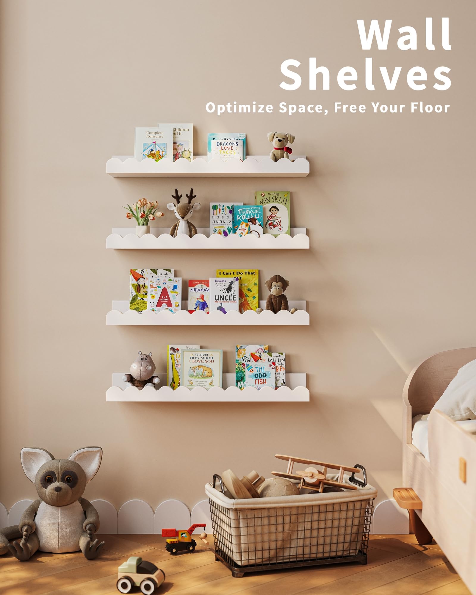 Shario shelves installed in a nursery showing organized, child-friendly decor