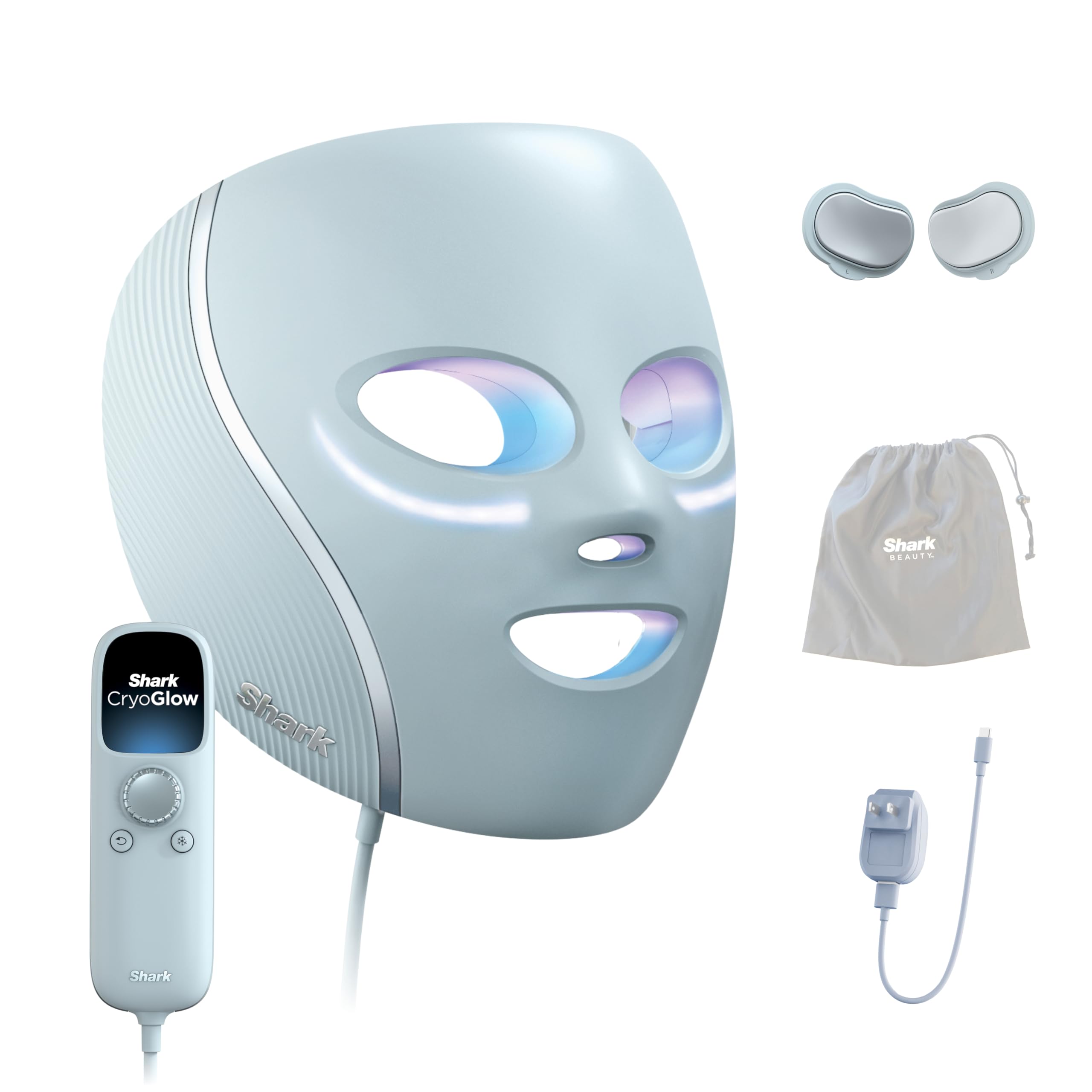 Shark CryoGlow front view showing full-face LED coverage and clear benefits