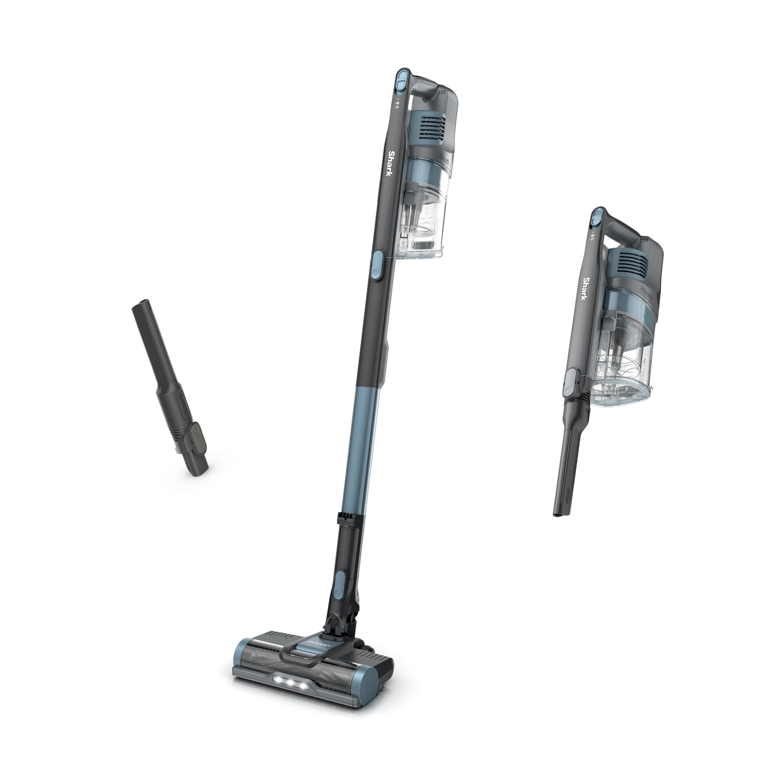 Shark IX141AMZ front view showing slim ice blue body and wand for easy maneuvering