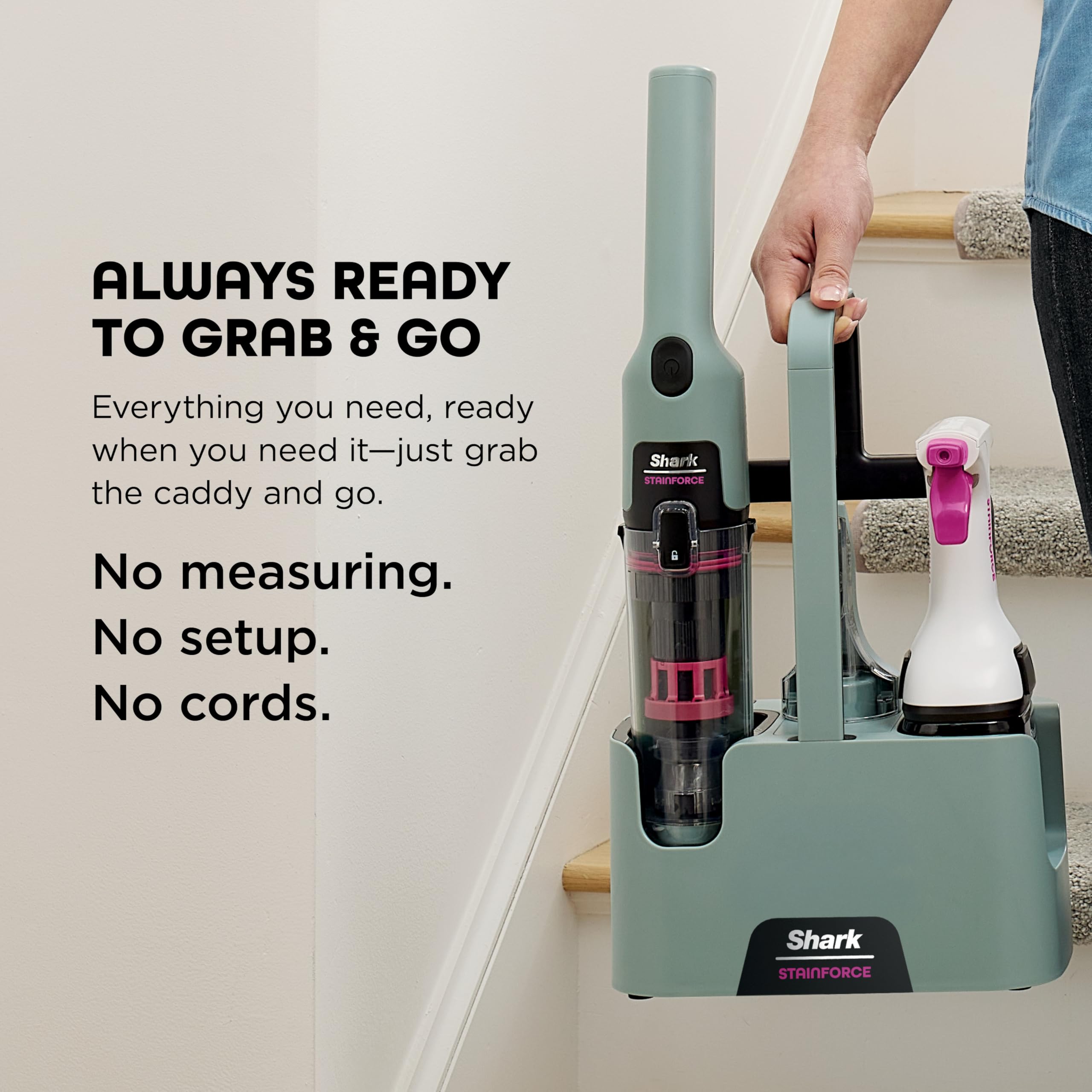 Shark StainForce dual-chamber bottle highlighting on-nozzle mixing for activated cleaning