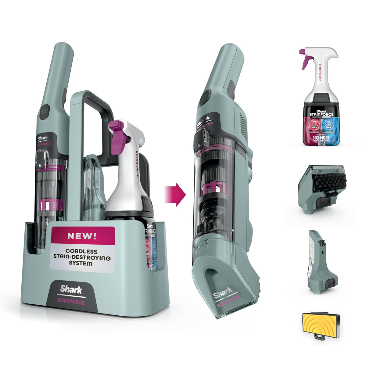 Shark StainForce front view showing compact cleaner and tools for quick cleaning