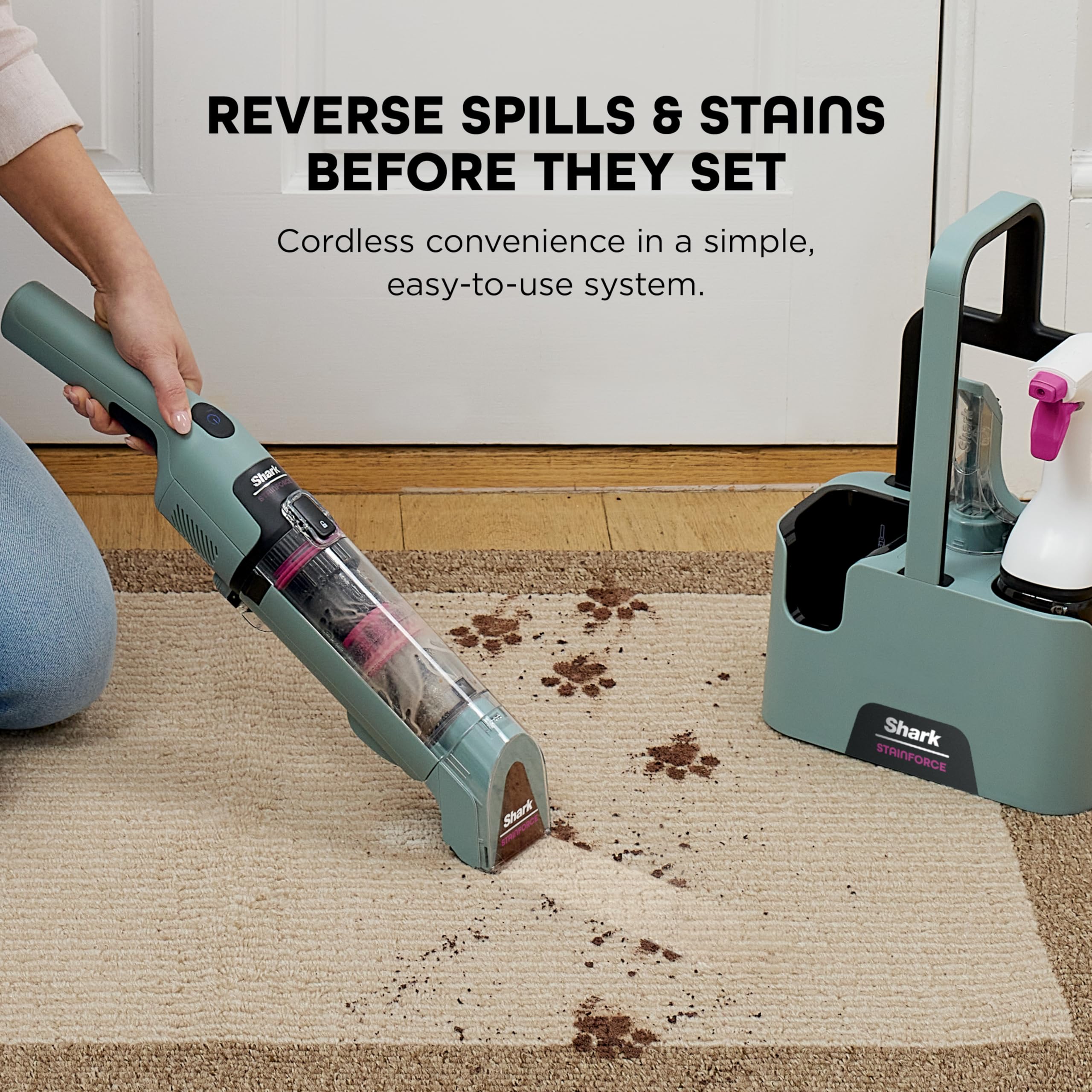 Shark StainForce cleaning a car seat showing cordless convenience for vehicle interiors