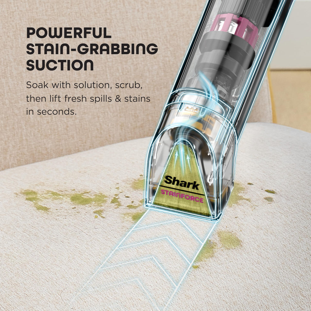 Shark unit in use on a couch demonstrating suction and extraction restoring fabric appearance