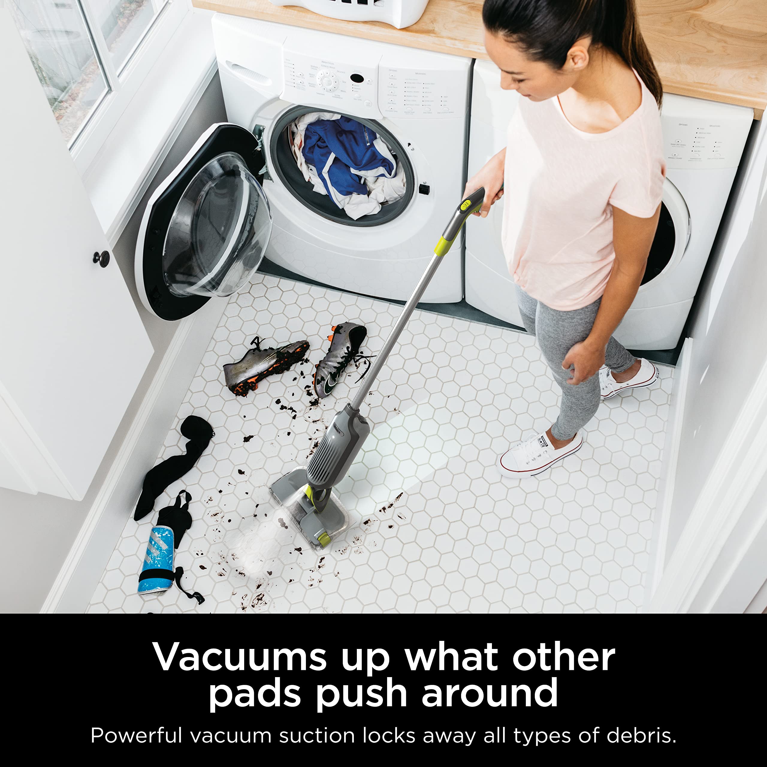 Shark VACMOP pad dirt chamber detail demonstrating debris containment