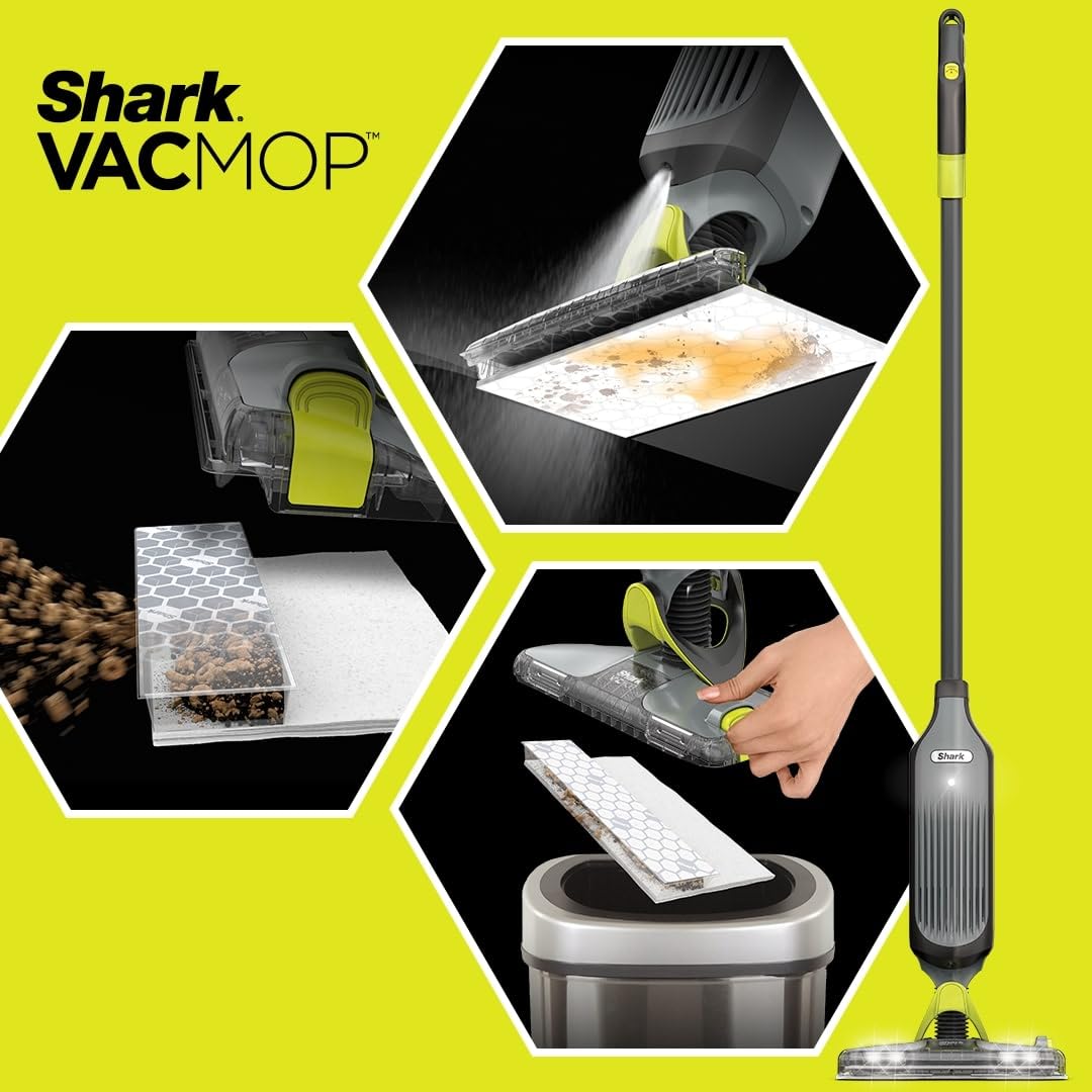 Shark VACMOP pad next to shoes showing size and household scale