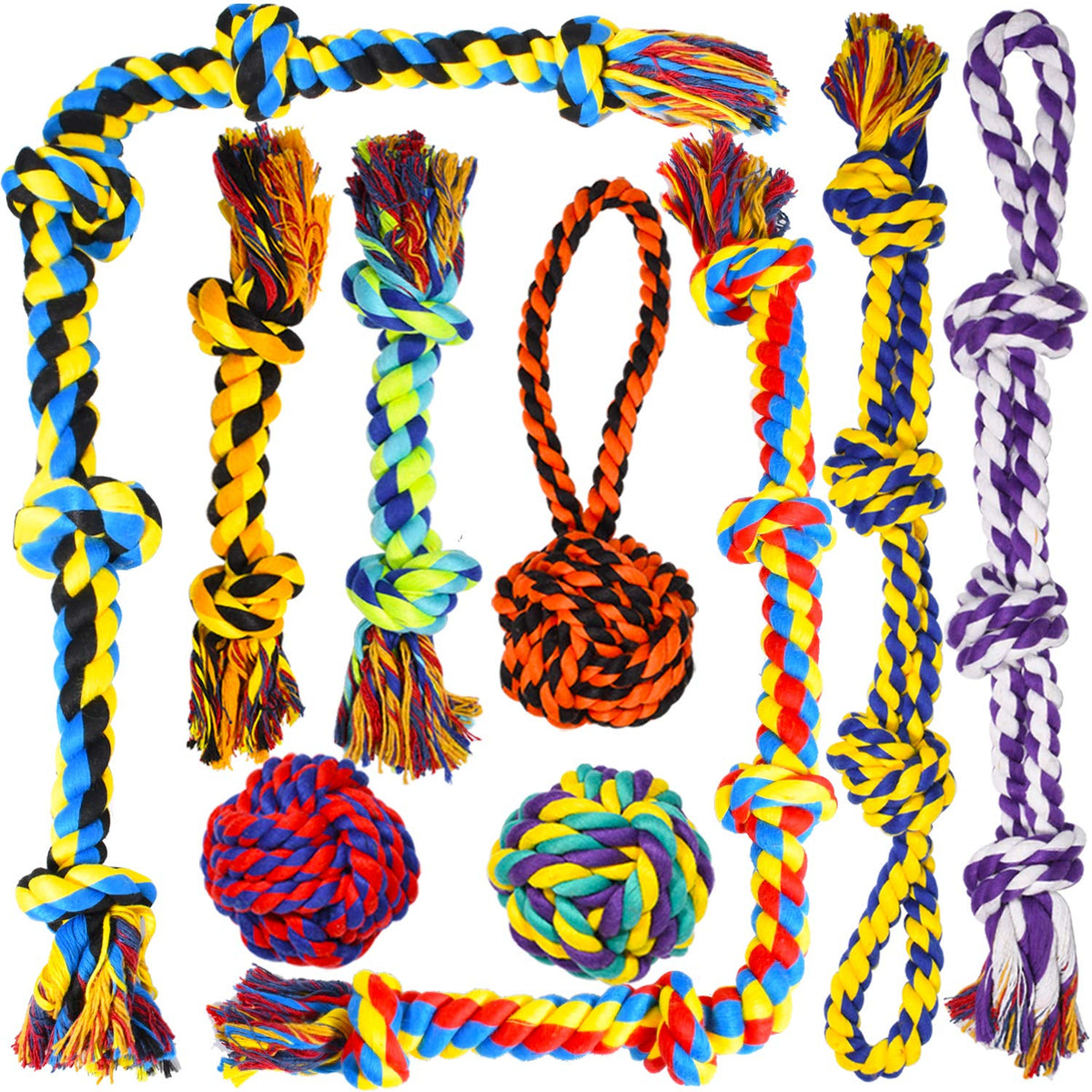 SHARLOVY front view of 9-pack rope toys showing durable variety and value