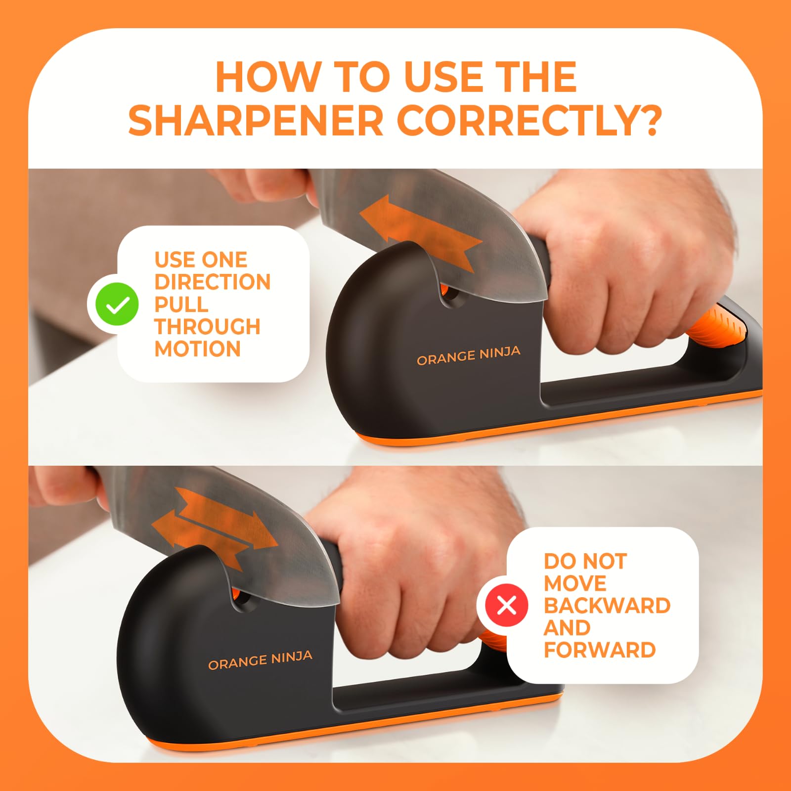 Sharp Pebble Orange Ninja in use pulling a chef knife for quick edge restoration