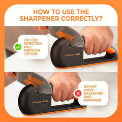 Sharp Pebble Orange Ninja in use pulling a chef knife for quick edge restoration