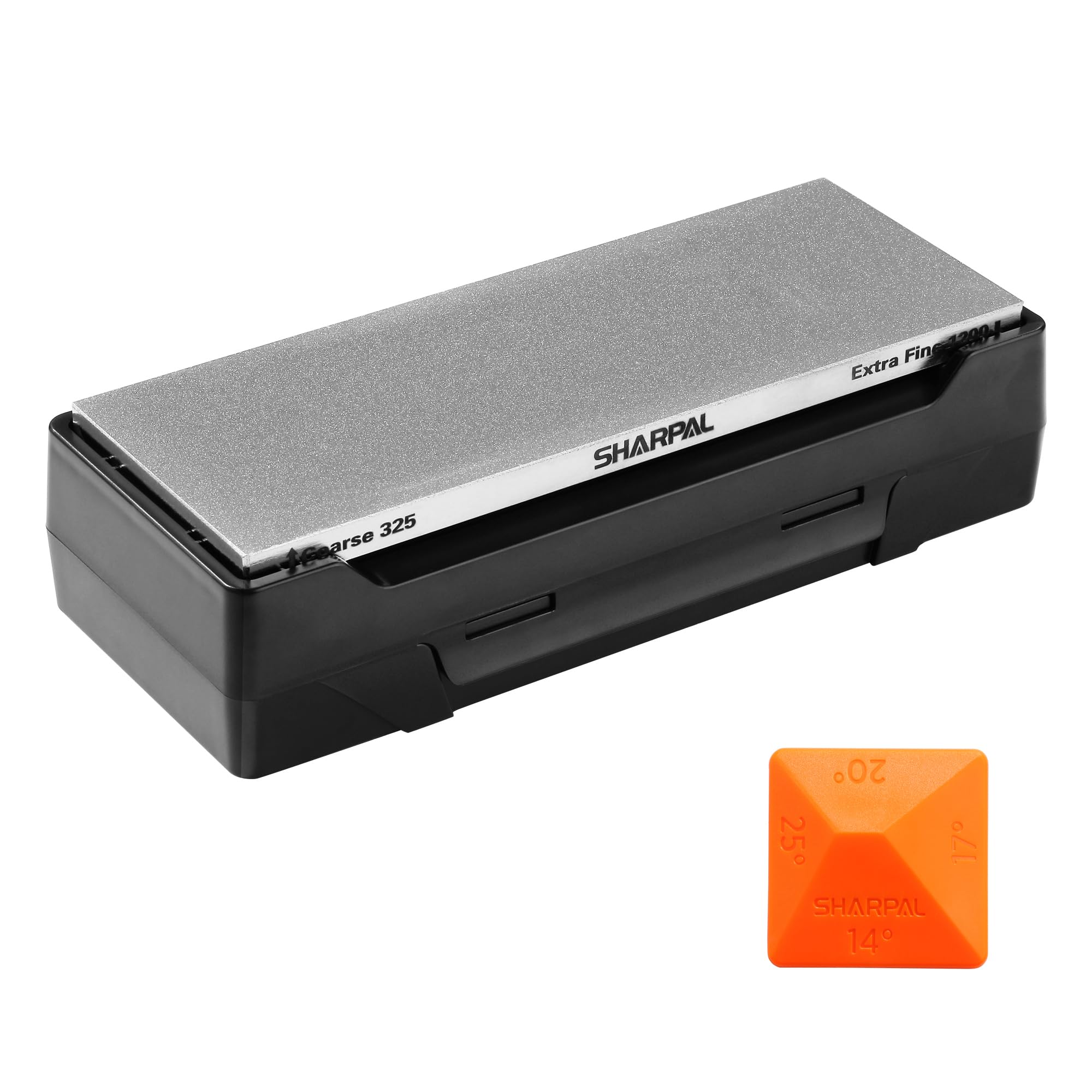 SHARPAL double-sided stone front view showing size and durable base, quick sharpening benefit