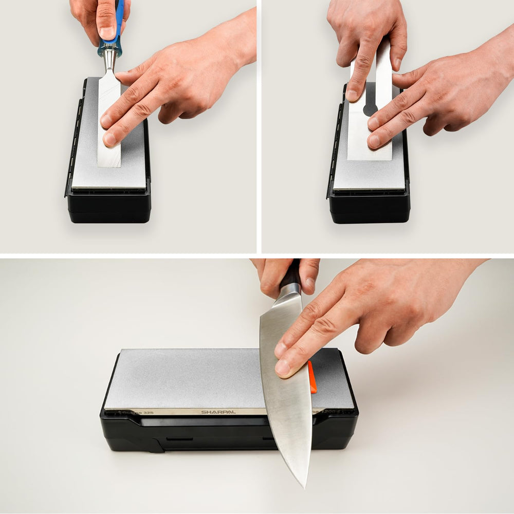 SHARPAL sharpening stone in use with chef knife, restores edge quickly and reliably benefit