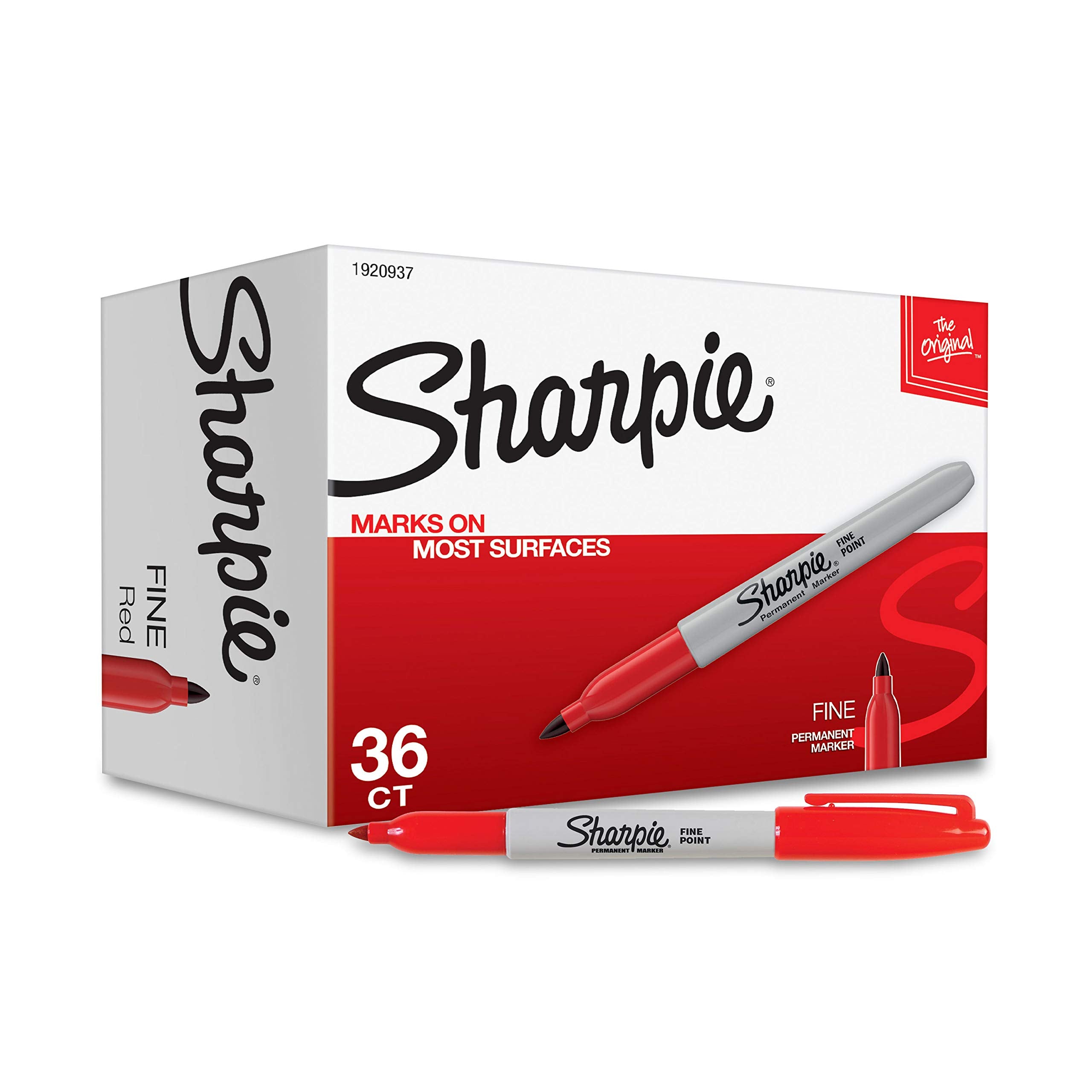 Sharpie fine-tip red front packaging showing 36 markers and quantity benefit