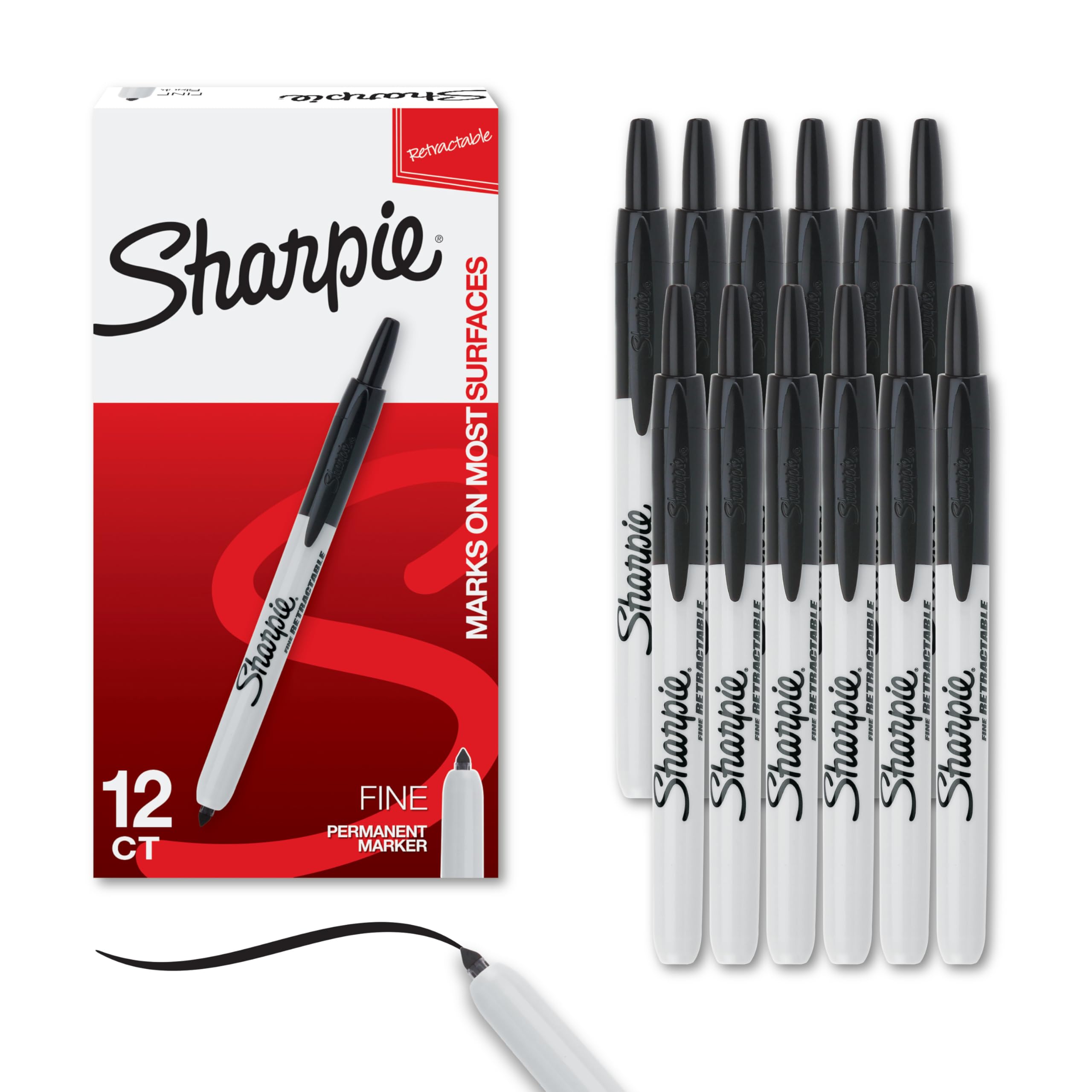 Sharpie retractable pack front view showing 12 markers and bold black ink benefit