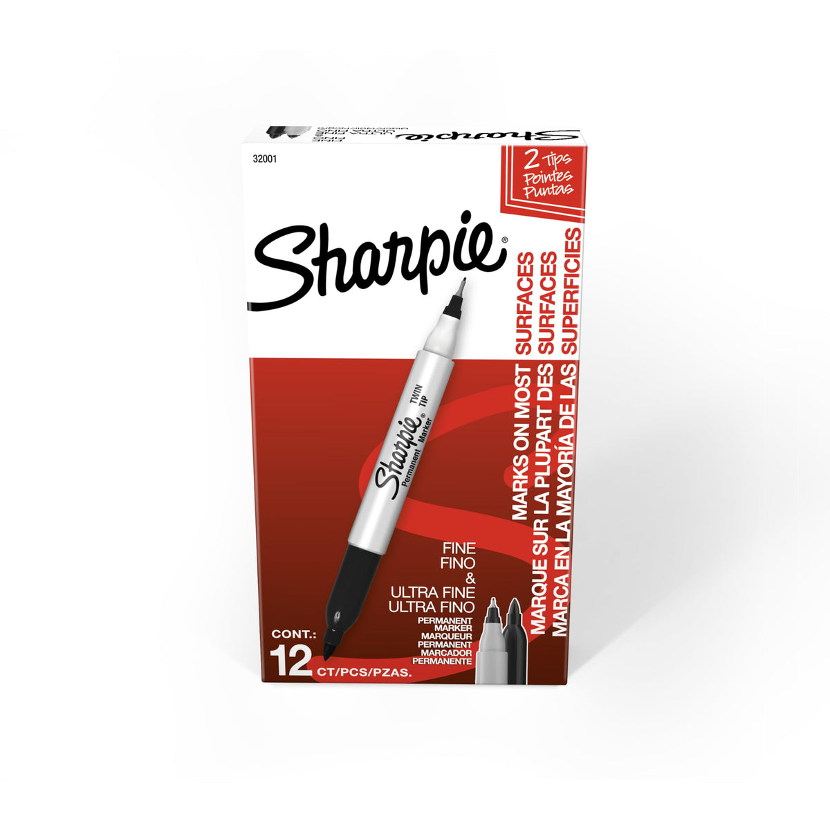Sharpie twin tip front packaging showing 12-pack and clear branding benefit: easy storage