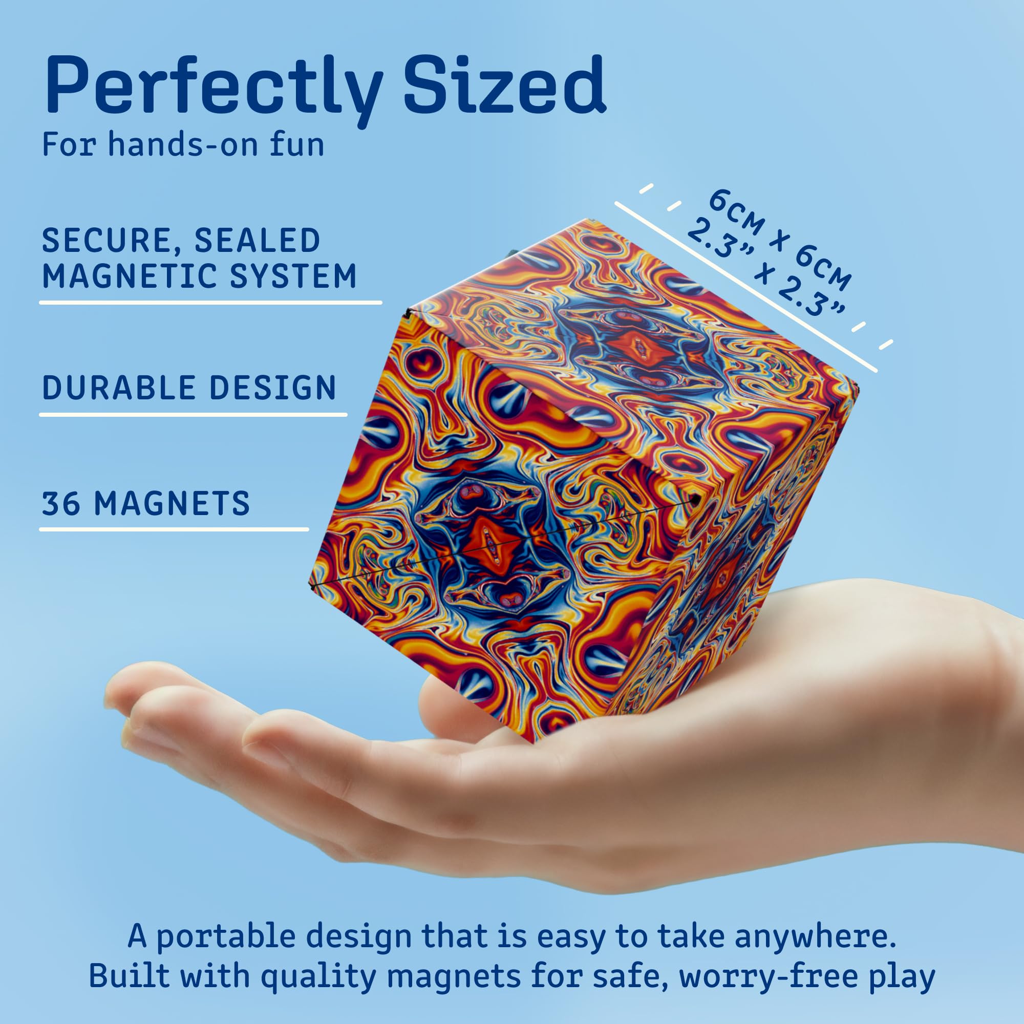 Shashibo in a hand showing scale and portable stress-relief convenience