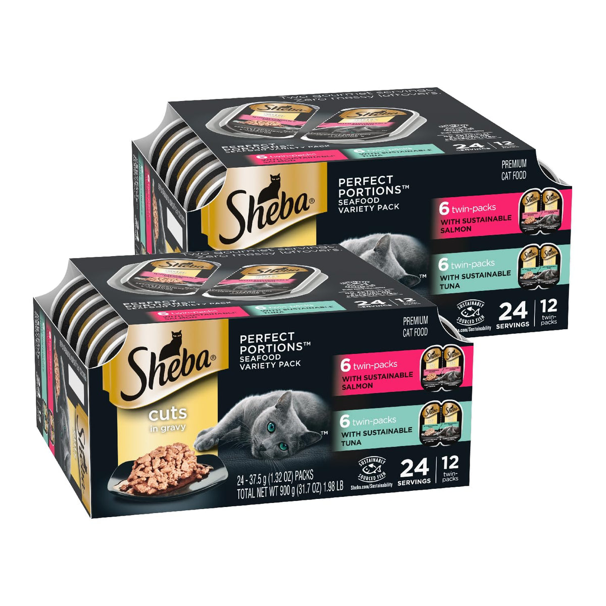 Sheba front packaging Salmon & Tuna 2pk showing portioned trays and branding benefit convenience