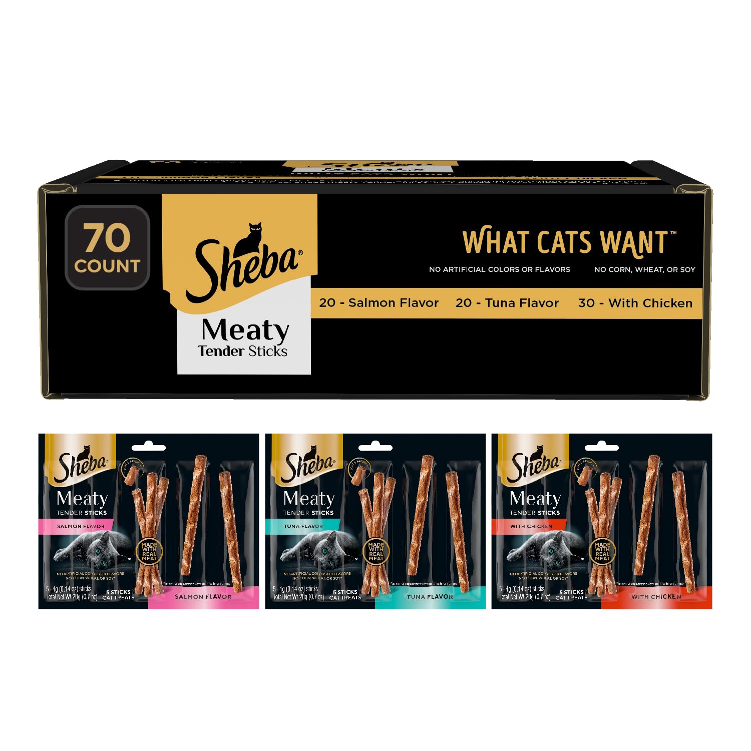Sheba front packaging showing flavors and 70-count benefit