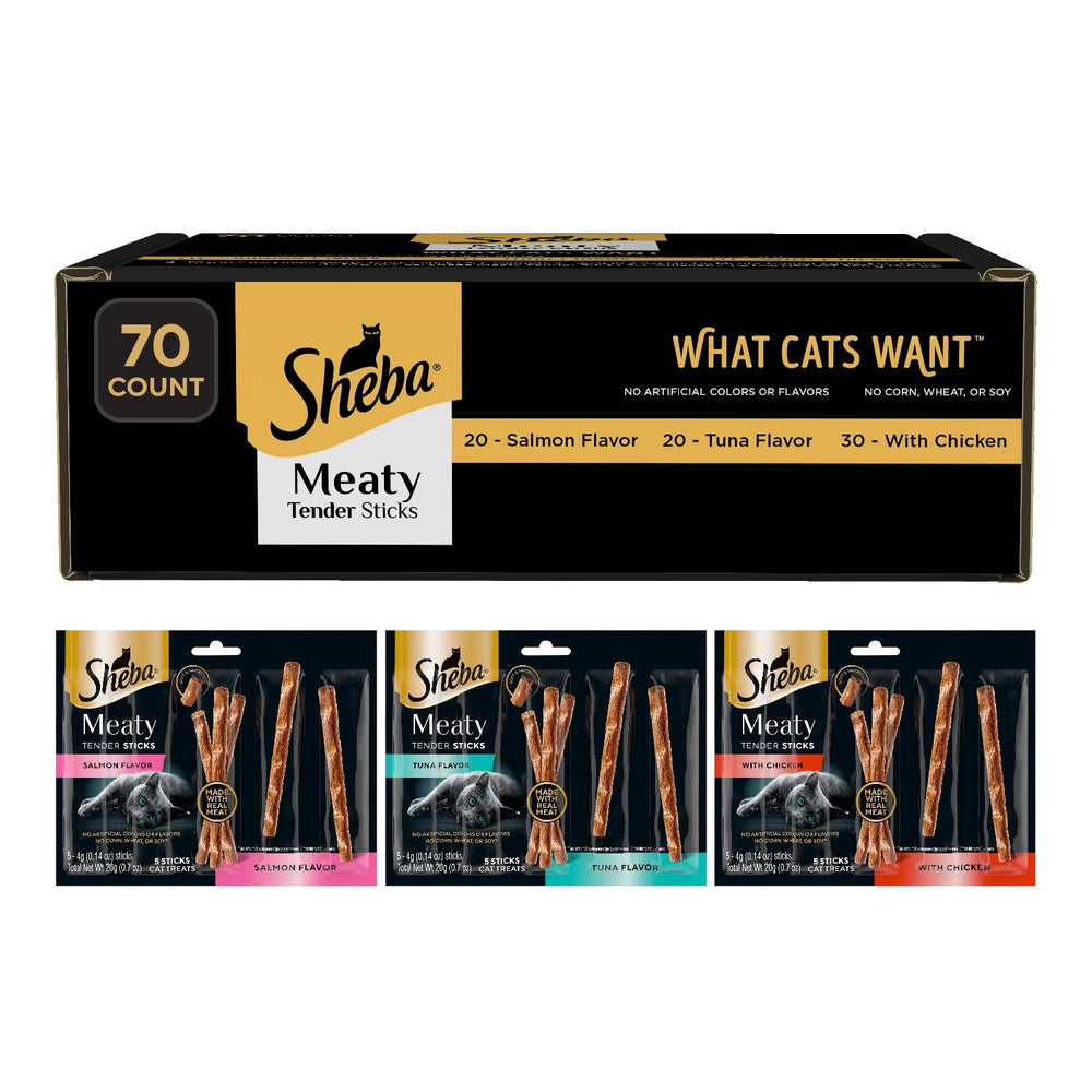 Sheba front packaging showing flavors and 70-count benefit