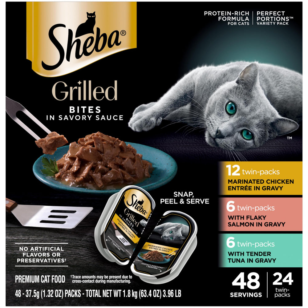 Sheba front packaging showing variety pack and twin-pack benefit