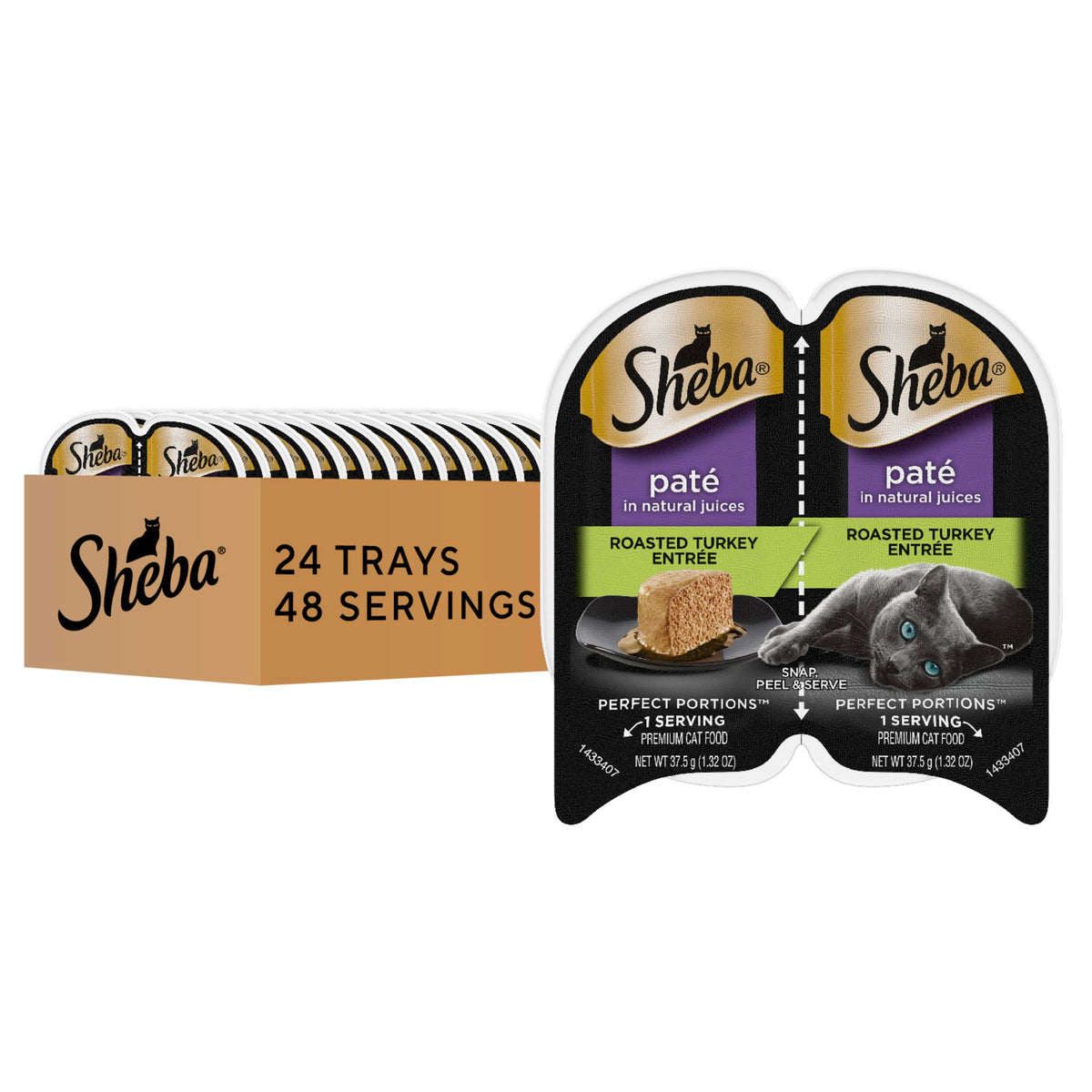 Sheba front packaging showing roasted turkey and portion trays for convenient feeding