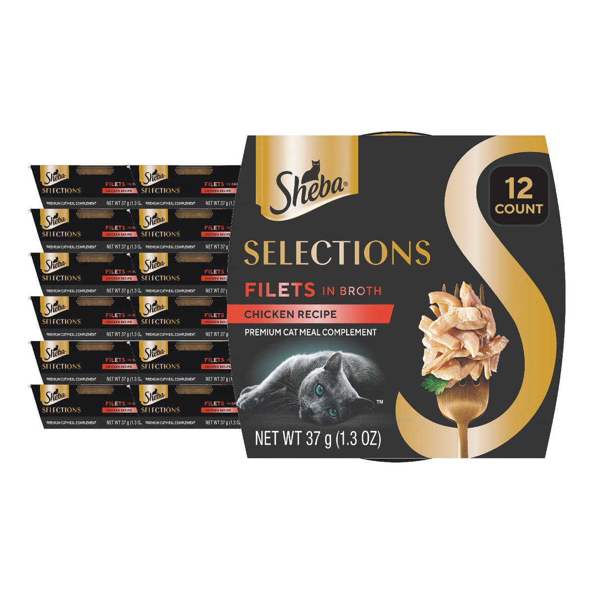 Sheba front packaging showing product name and 12-pack, highlights convenience