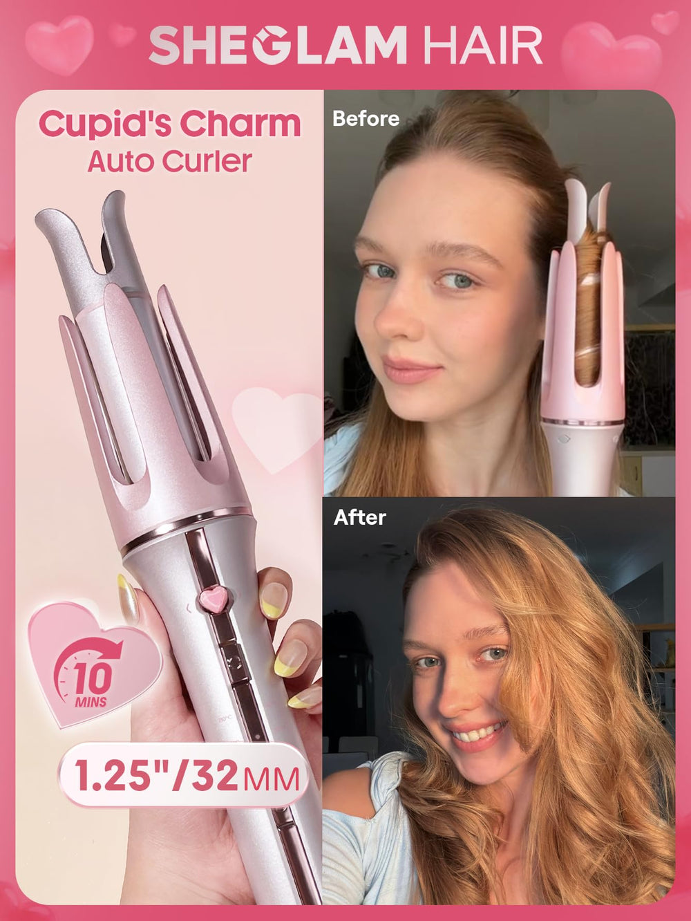 SHEGLAM curling iron front view showing pink design and ergonomic handle benefit