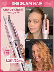 SHEGLAM curling iron front view showing pink design and ergonomic handle benefit