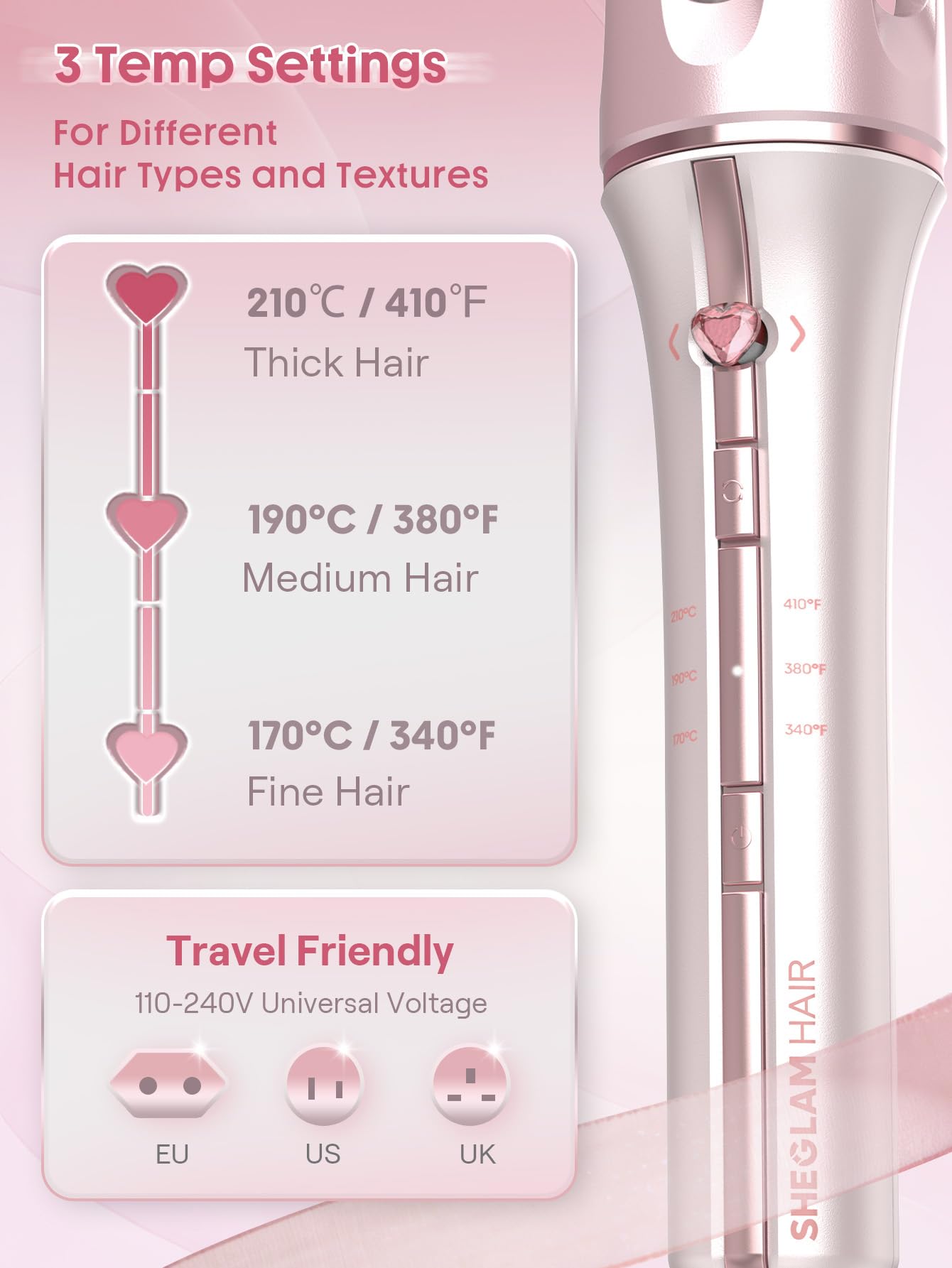 SHEGLAM curler held in hand to show compact size for travel convenience