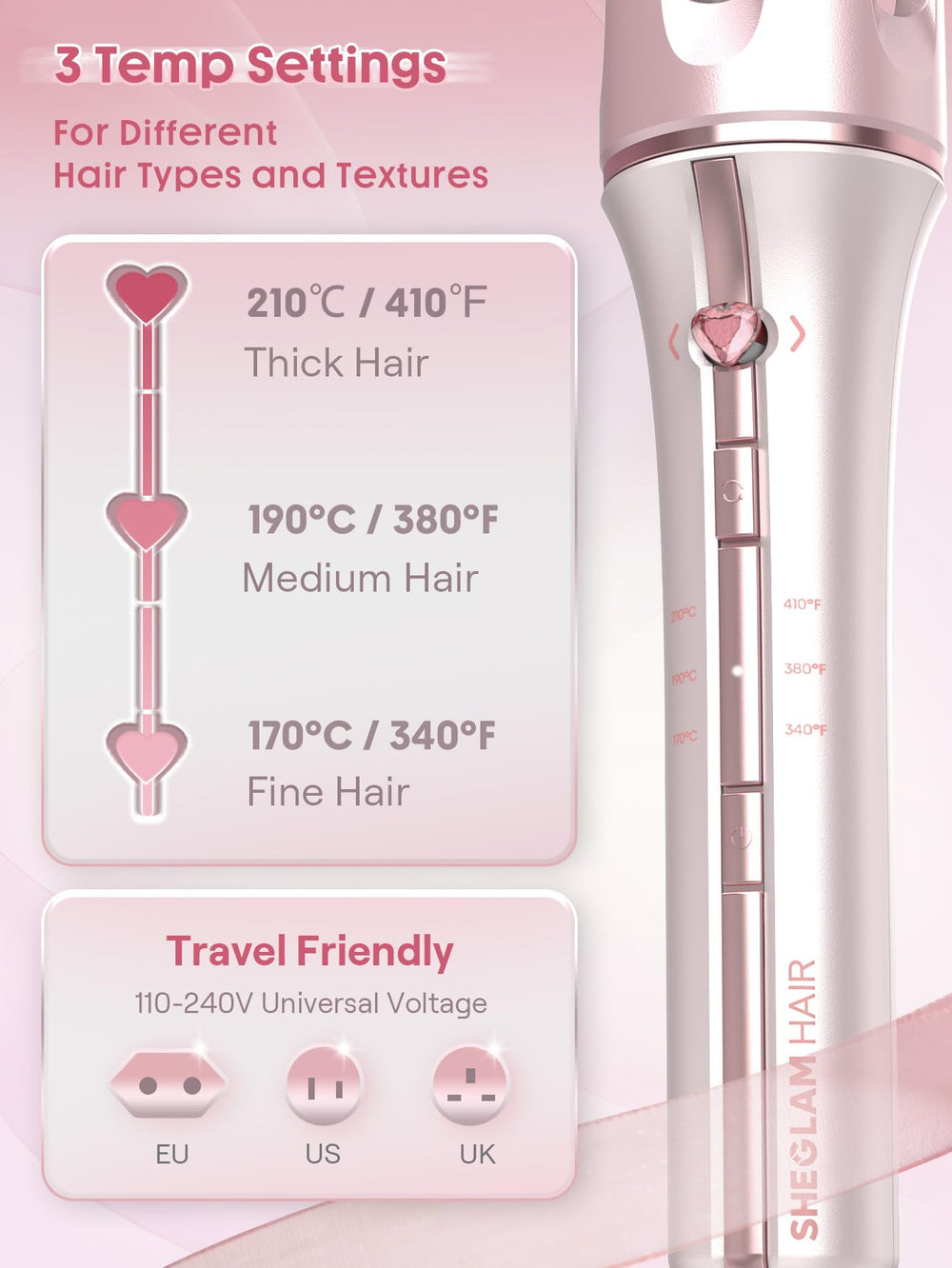 SHEGLAM curler held in hand to show compact size for travel convenience
