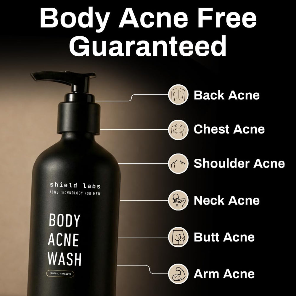 Shield label highlighting active ingredients like benzoyl peroxide, glycolic acid and niacinamide
