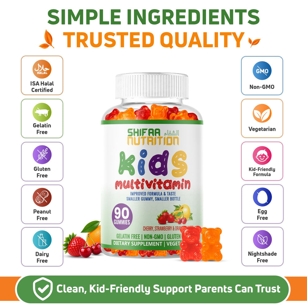SHIFAA NUTRITION label close-up showing ingredients and halal, non-GMO assurances