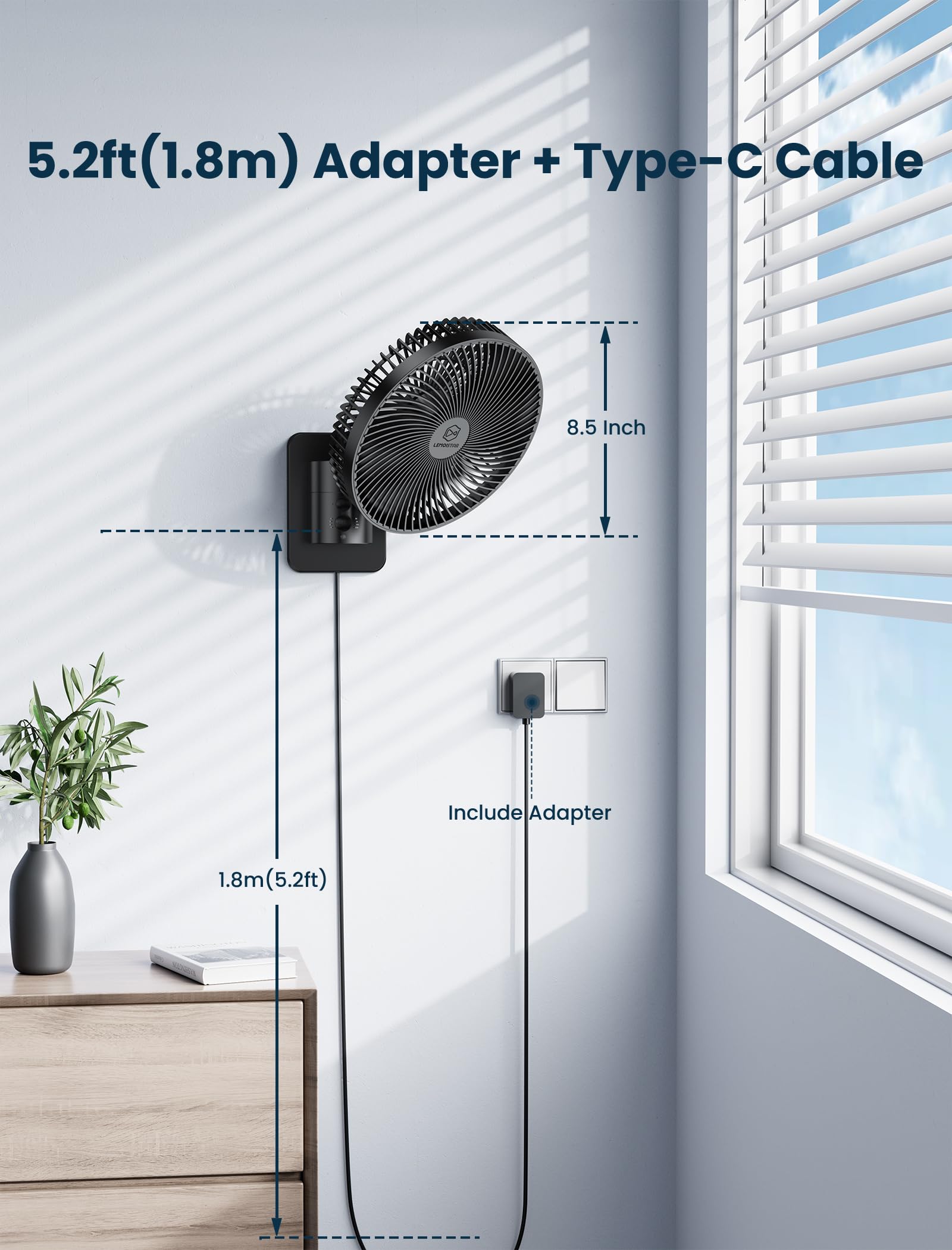 Shinebella fan beside ruler demonstrating 8.5-inch size and small footprint benefit
