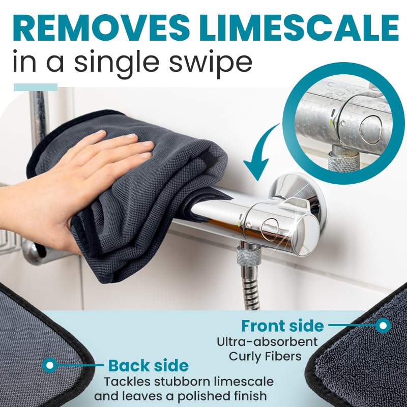 Shiny Bath towel wiping limescale from bathroom tile with visible improvement